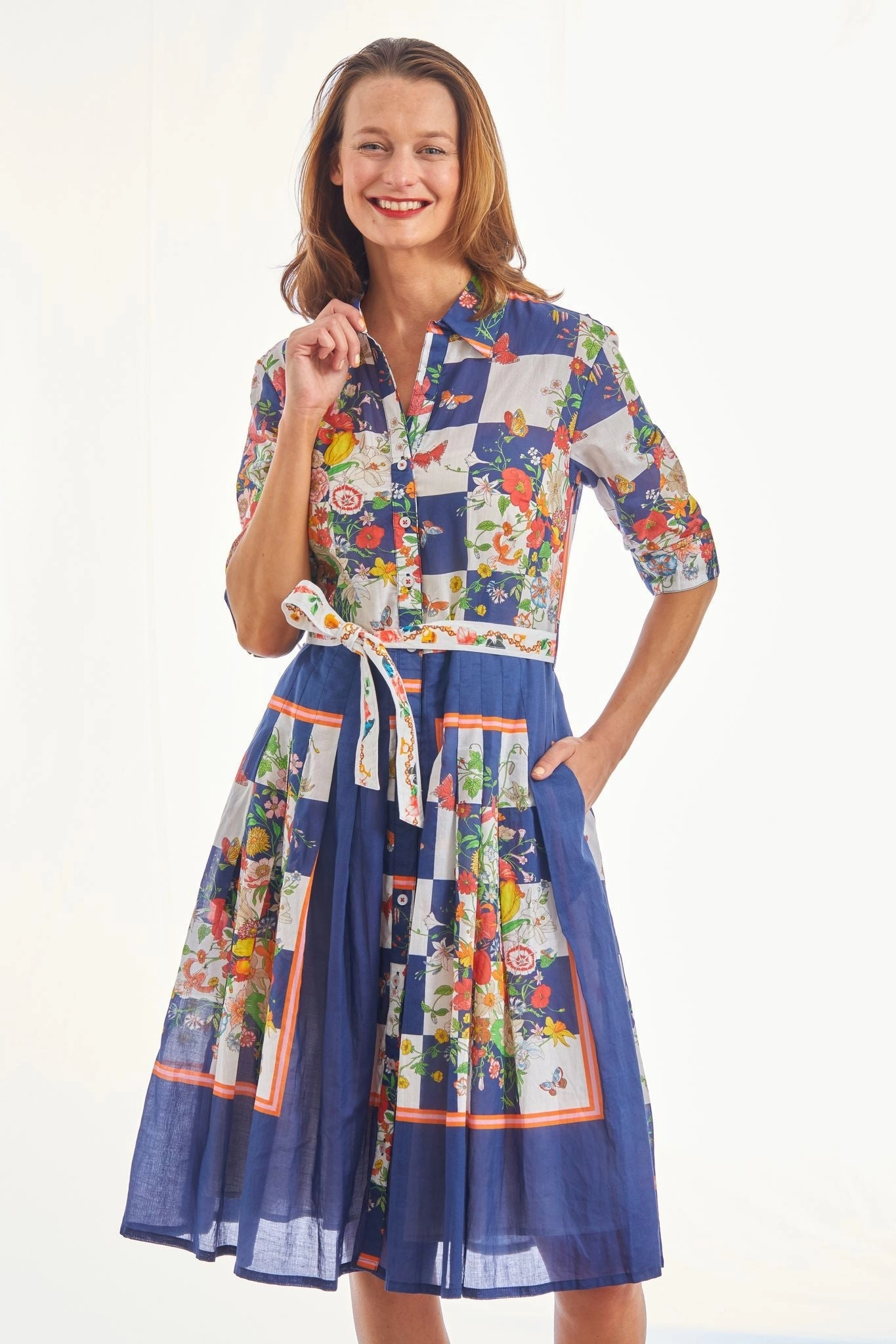 Mrs Maisel Dress - Navy Box Print with Butterflies effortless grace Night Ready