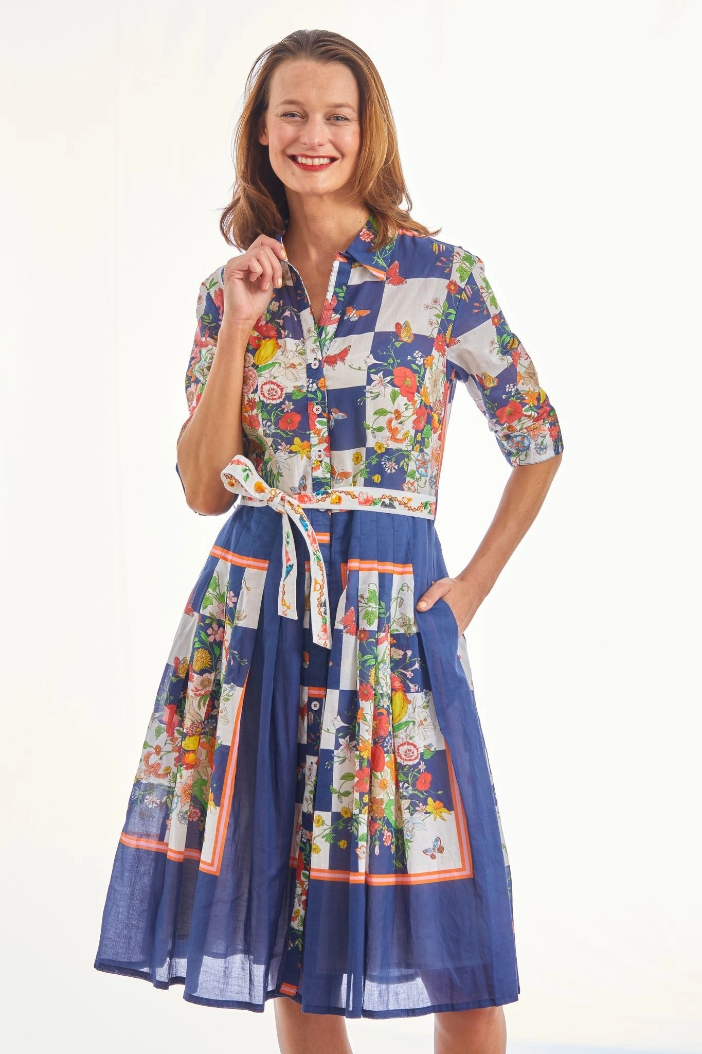 Mrs Maisel Dress - Navy Box Print with Butterflies Romantic Soft