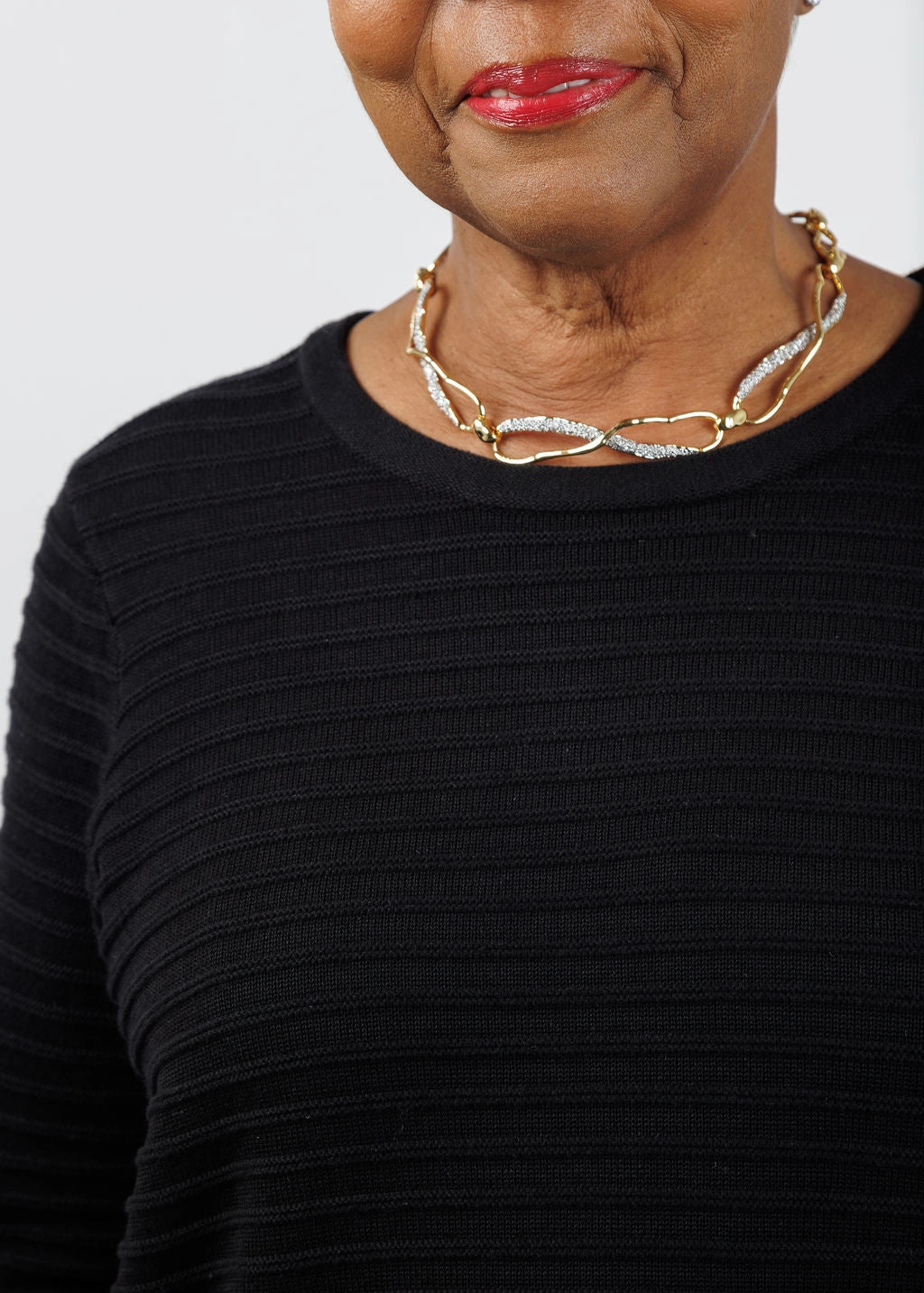 Biodegradable Fiber Option Casual Performance Wear Faux Ribbon Crew Neck Sweater - Black/White