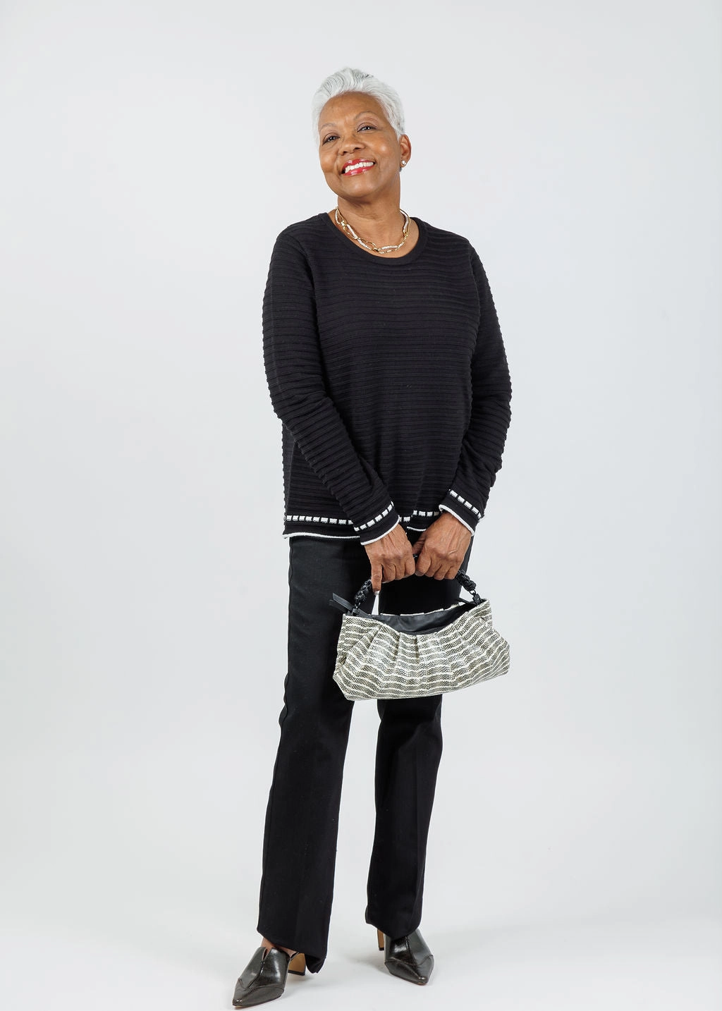 Faux Ribbon Crew Neck Sweater - Black/White Breathable Waistband