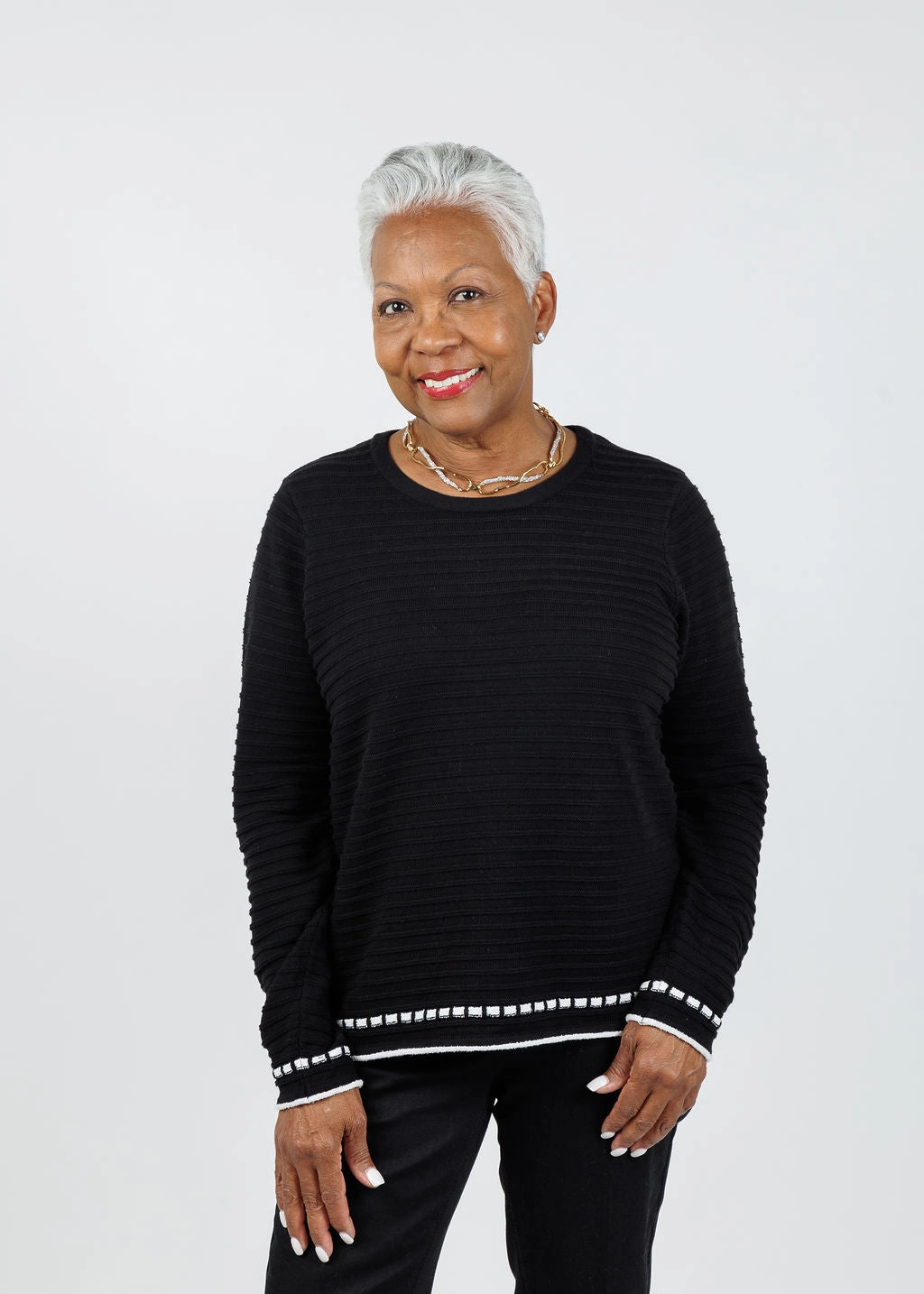 Cozy Warmth Comfortable Knit Faux Ribbon Crew Neck Sweater - Black/White