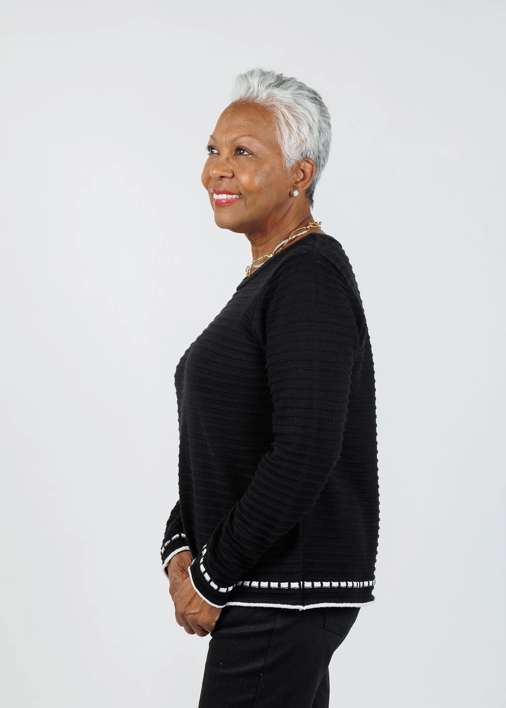 Faux Ribbon Crew Neck Sweater - Black/White Soft Touch Comfort