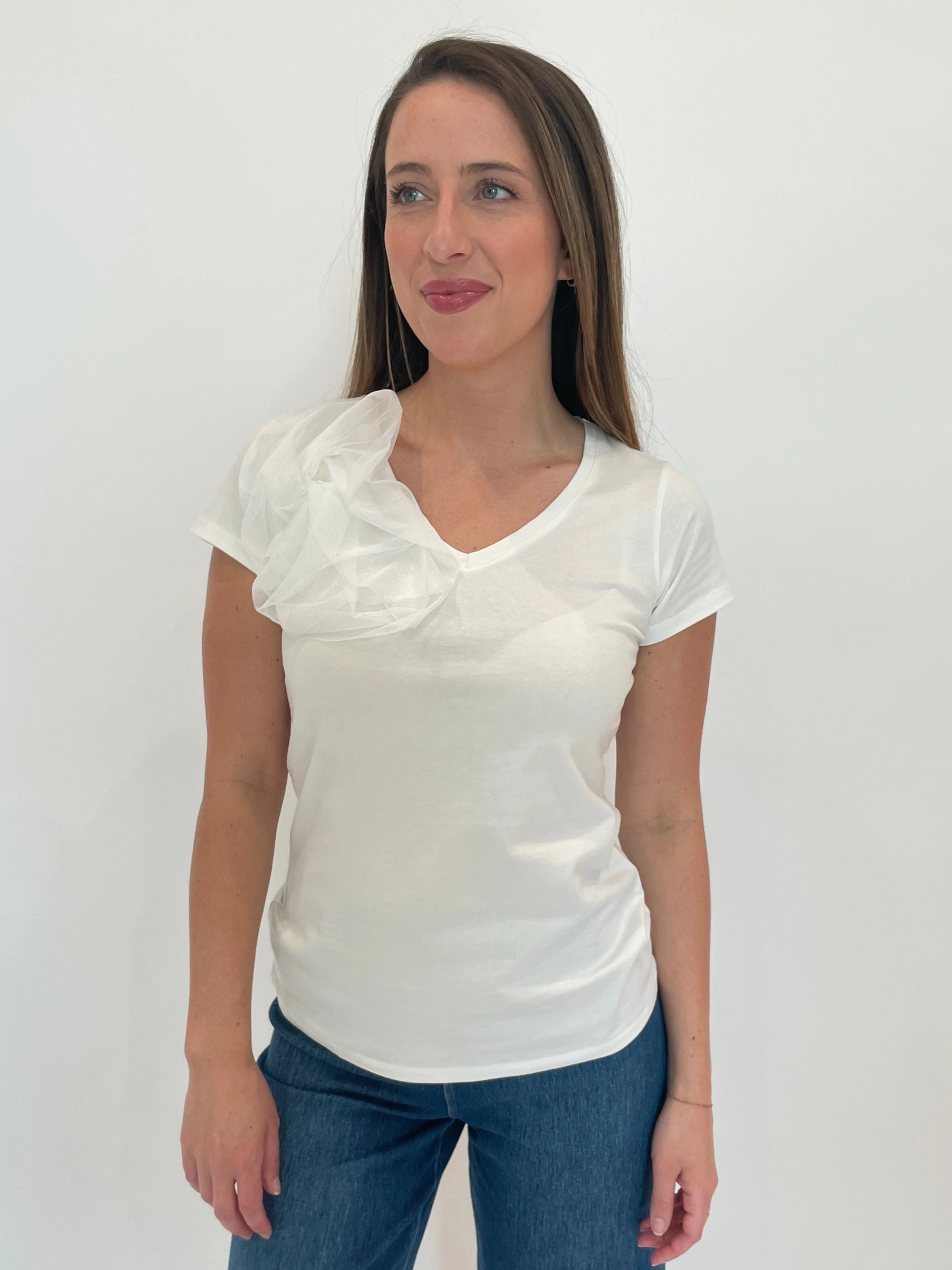 V-Neck Casual Elegance Inca Flower Top - White