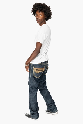 Minimalist Pocket Design INDIAN WITH BROWN LEATHER ZIPPER FLAPS IN RINSE WASH WITH STUDS AND CRYSTALS