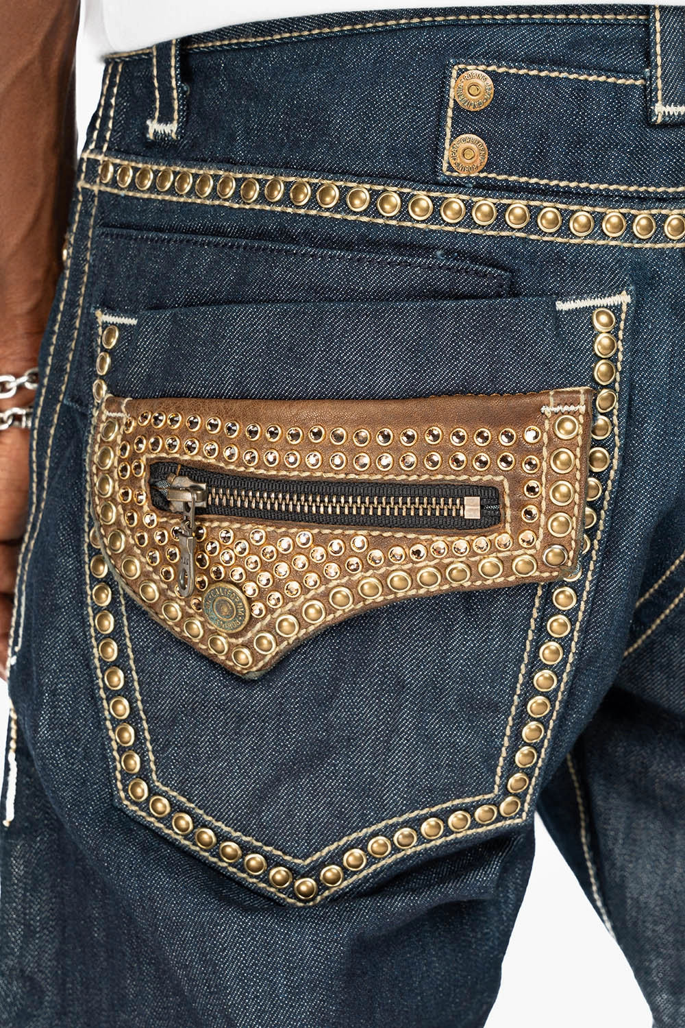INDIAN WITH BROWN LEATHER ZIPPER FLAPS IN RINSE WASH WITH STUDS AND CRYSTALS Refined Detail