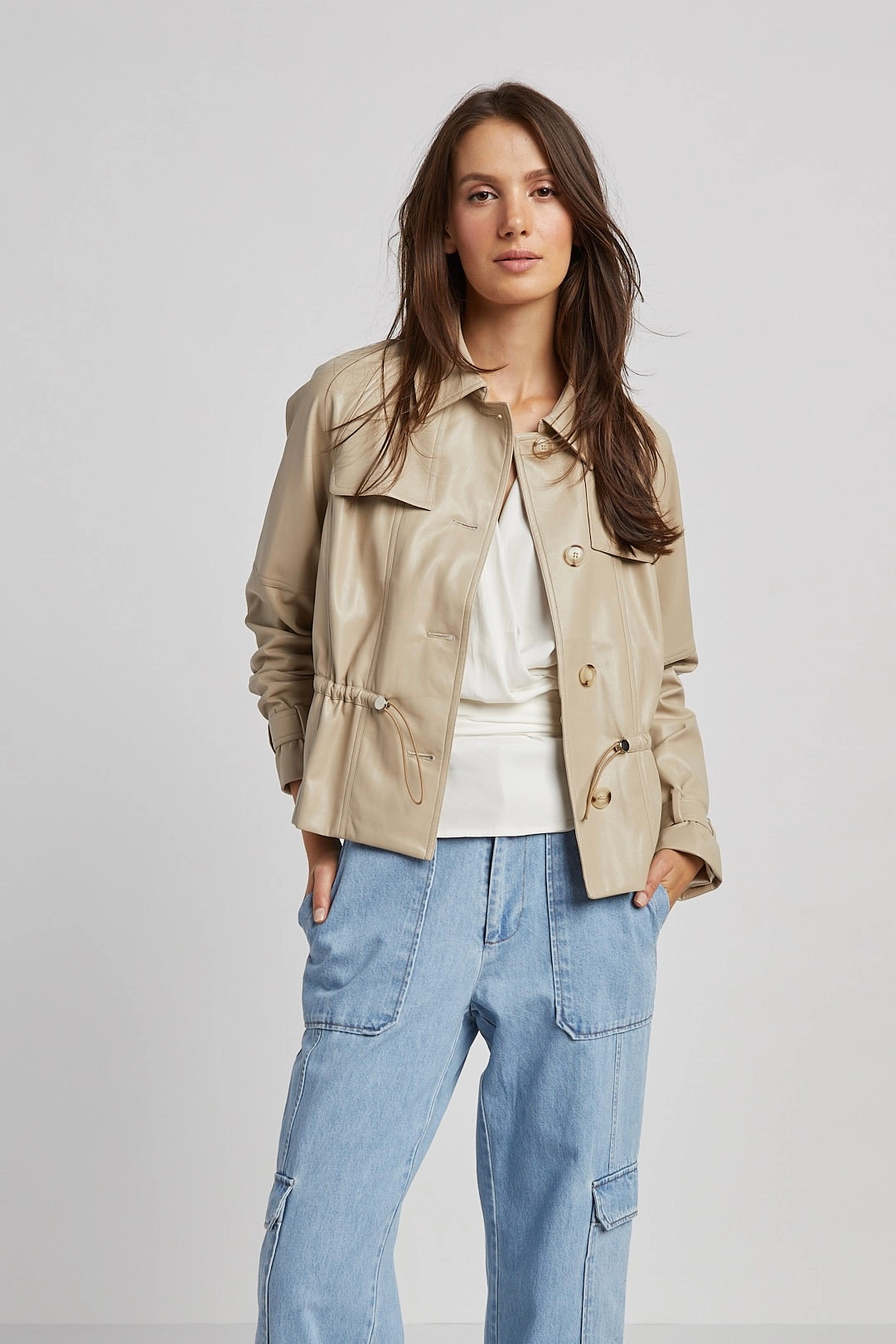 All Season Versatility Practical Layer Rae Short Vegan Leather Trench Coat - Sand