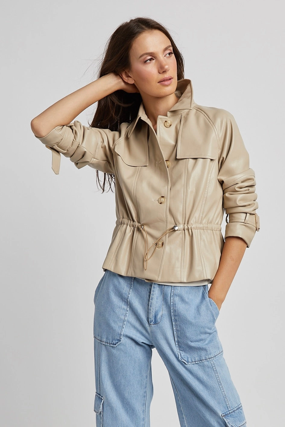 Rae Short Vegan Leather Trench Coat - Sand Easy Fit Piece