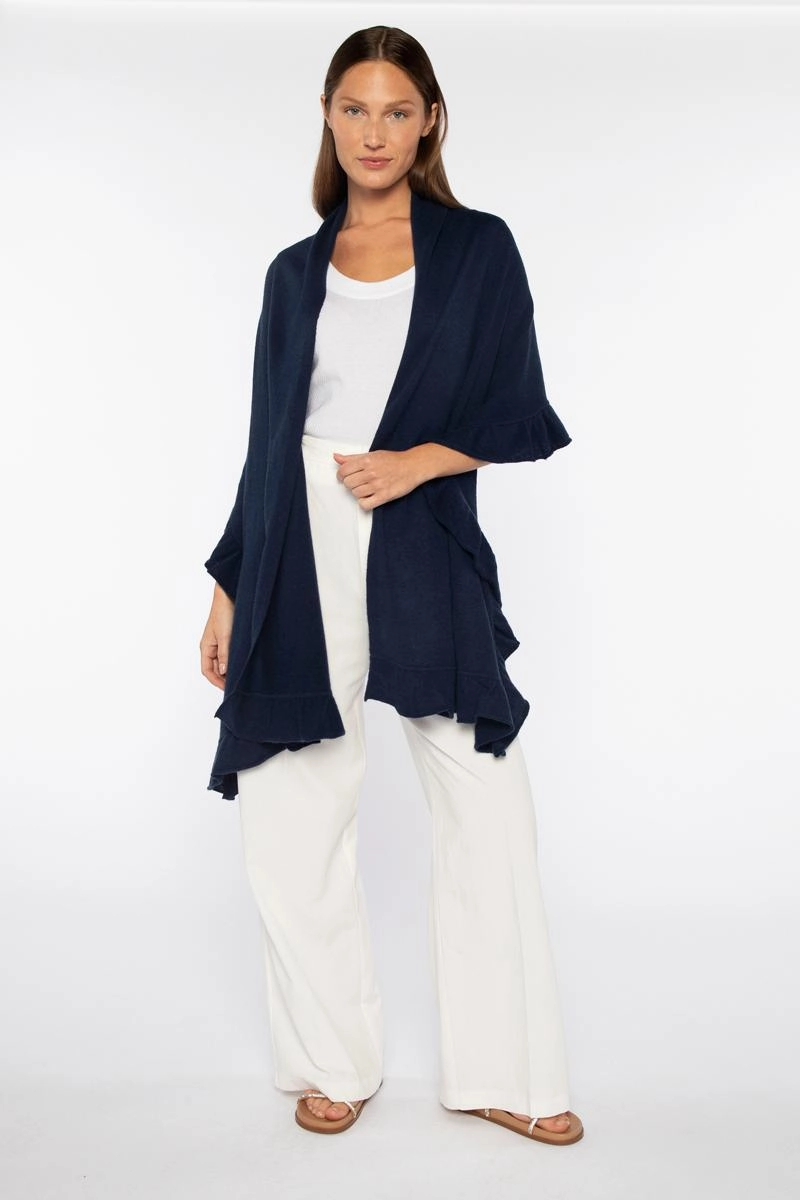 Effortless Knit Adjustable Fit Ruffle Trim Wrap