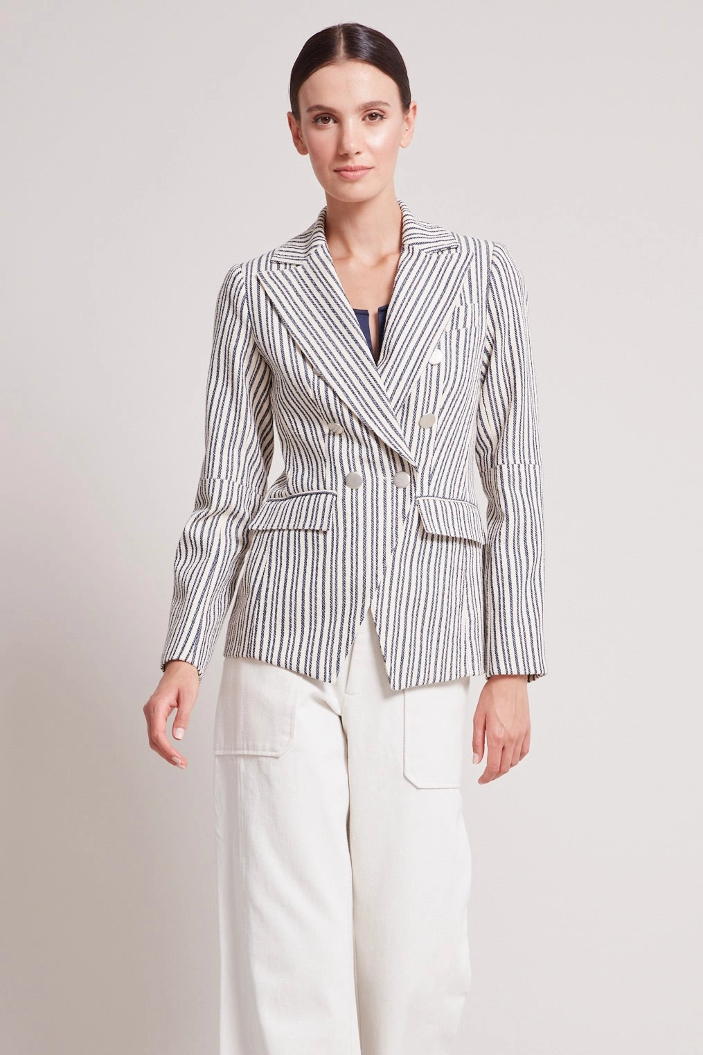 Easy Movement Cut Water Repellent Finish James Double Breasted Signature Blazer - Navy/Off White