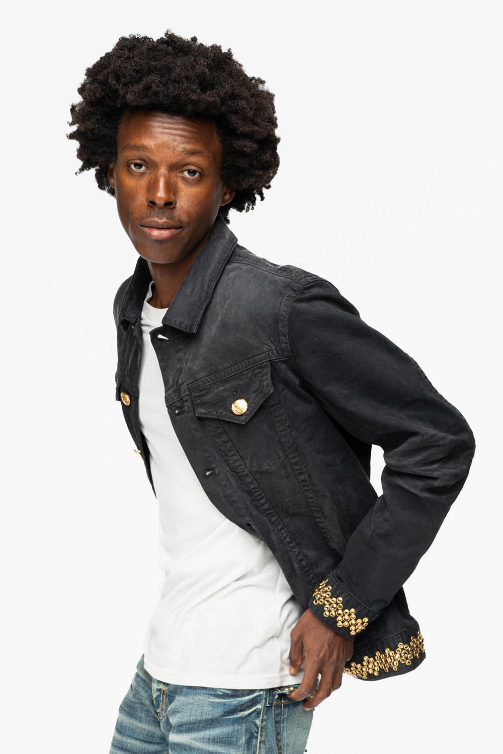 JEAN JKT IN PIGMENT SPRAY BLACK  WASH EMBELLISHED WITH LARGE SMOKY TOPAZ CRYSTALS DESCRIPTION LightweightConstruction