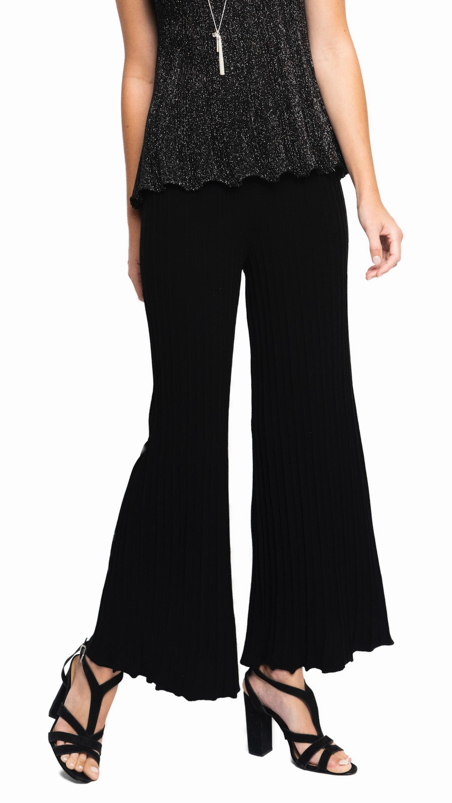 Julia Plisse-Look Full Length Wide Leg Pants, Black AdjustableTabs