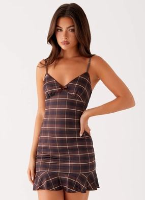 Karis Mini Dress - Brown Black Check Sleek Design Pure Piece