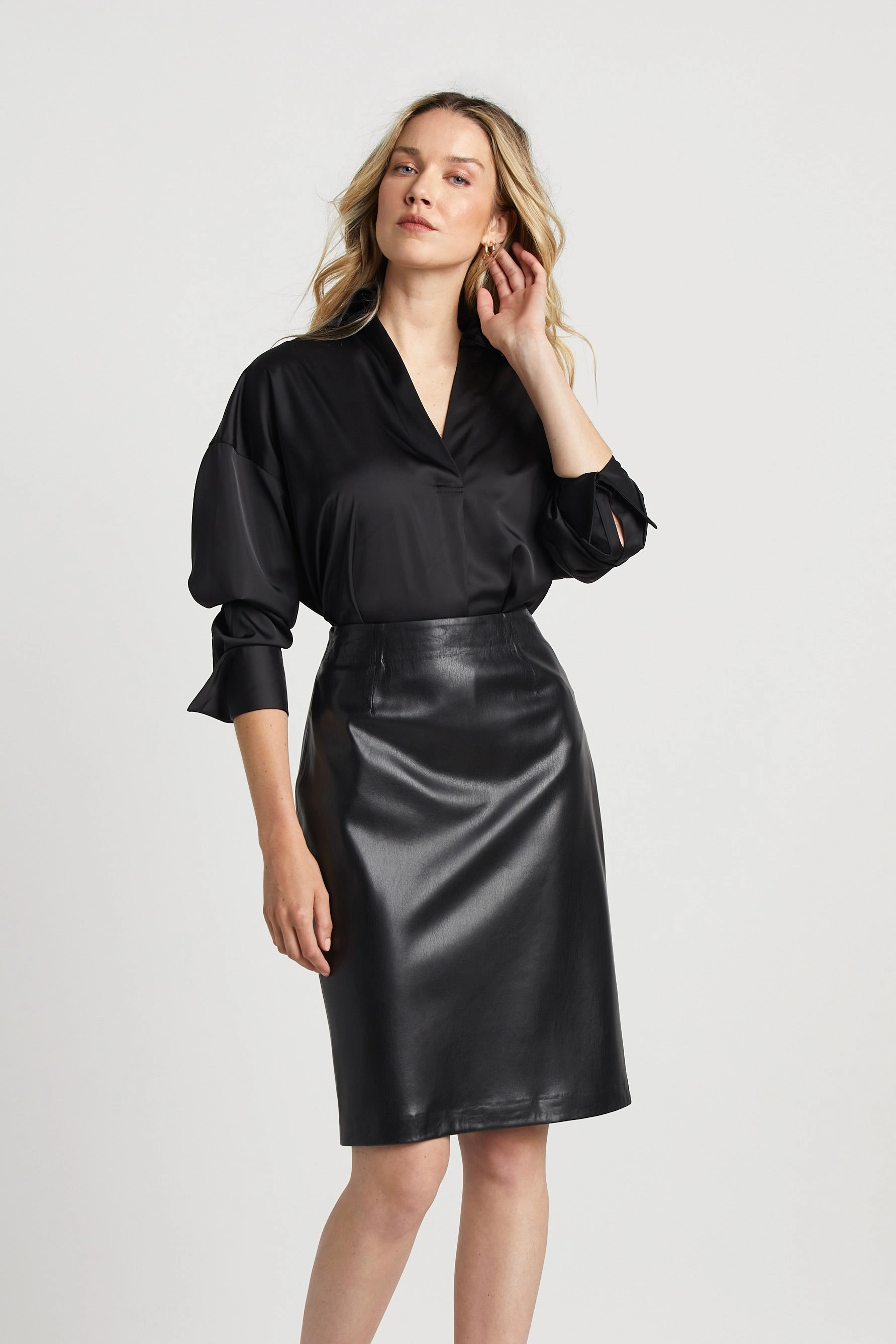 Kay Popover Satin Blouse With Long Cuffs - Black Versatile Styling