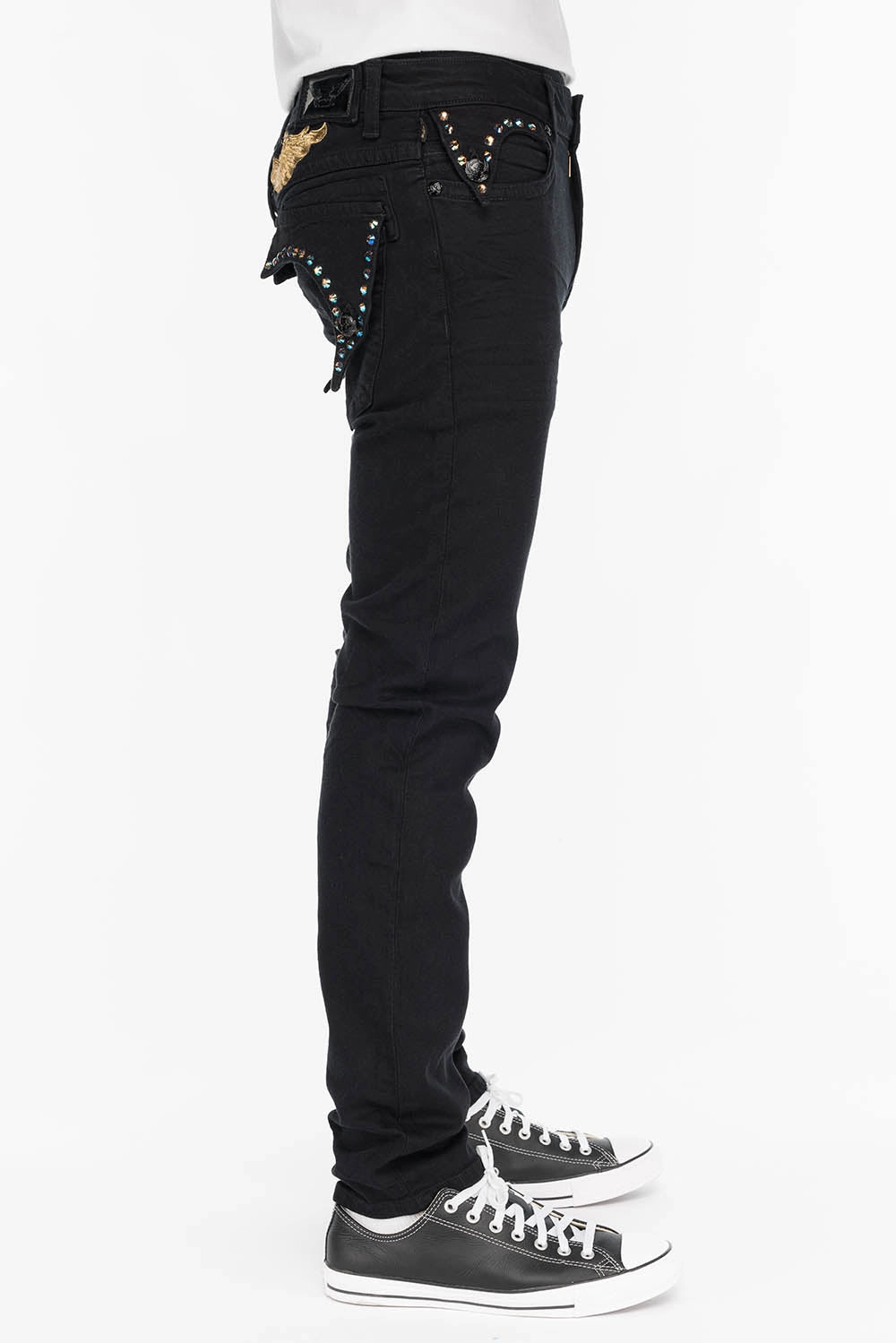 Selvedge Detailing KILLER FLAP IN BLACK WITH GOLD WINGS AND LARGE AB CRYSTALS