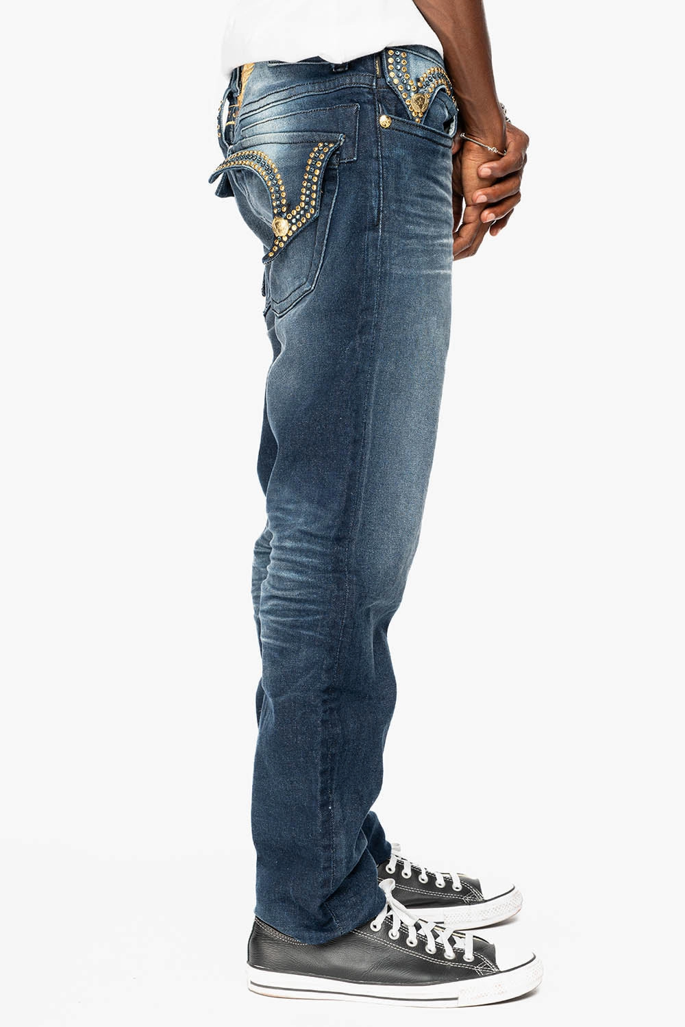 Night Out Rainy Day Smart Comfort KILLER FLAP MENS SKINNY JEAN IN  OMAHA DARK WASH EMBELLISHED WITH AURUM & AQUA MARINE CRYSTALS