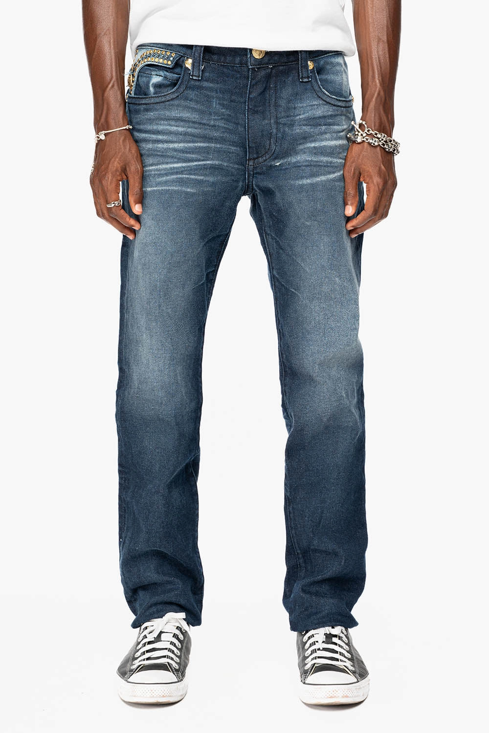 KILLER FLAP MENS SKINNY JEAN IN  OMAHA DARK WASH EMBELLISHED WITH AURUM & AQUA MARINE CRYSTALS Beach Day Breathable Durable Weave