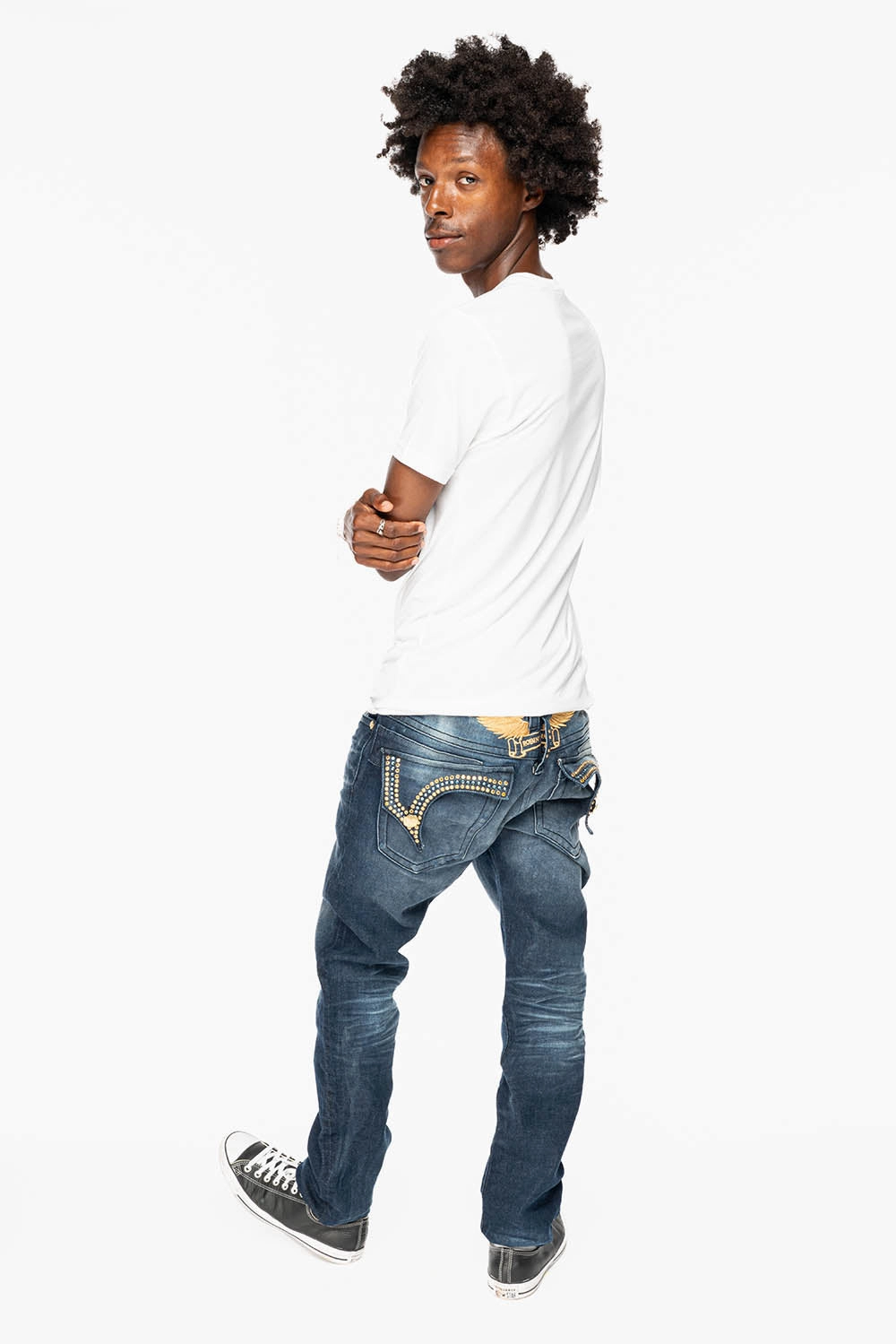 Teen Outfit Bold Urban Explorer Streetwear Fan Earthy High Quality KILLER FLAP MENS SKINNY JEAN IN  OMAHA DARK WASH EMBELLISHED WITH AURUM & AQUA MARINE CRYSTALS