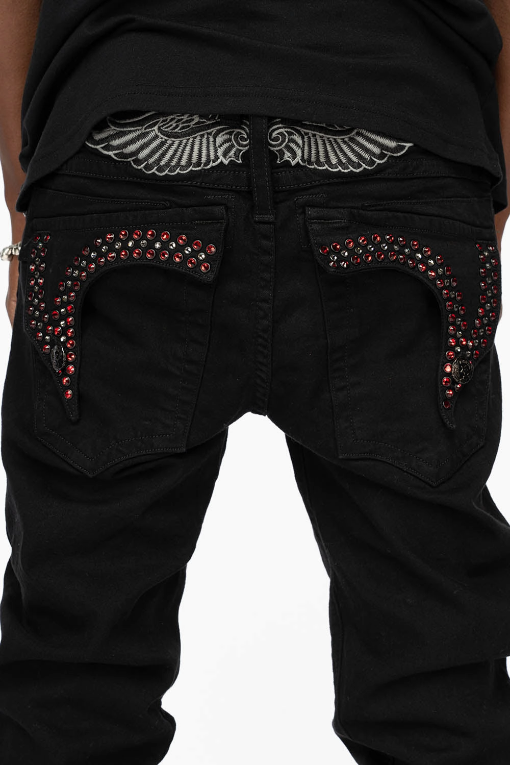 KILLER FLAP MENS SKINNY JEANS IN BLACK COLOR WASH  WITH RED AND JET BLACK CRYSTALS Cool Day Look Brushed Interior