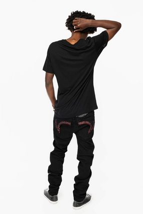 KILLER FLAP MENS SKINNY JEANS IN BLACK COLOR WASH  WITH RED AND JET BLACK CRYSTALS Sleek Shape