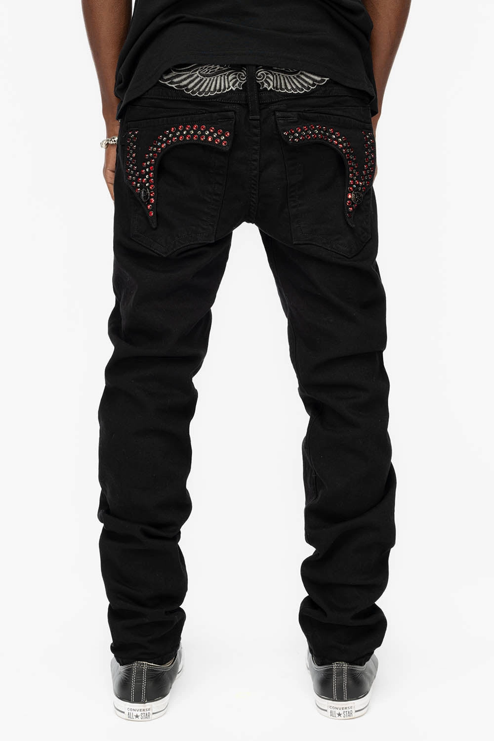 KILLER FLAP MENS SKINNY JEANS IN BLACK COLOR WASH  WITH RED AND JET BLACK CRYSTALS Affordable Outdoor Adventure Artist Vibe Foundation Wear