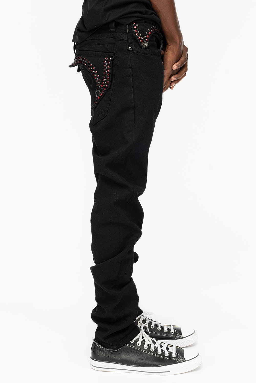 Tailored Silhouette KILLER FLAP MENS SKINNY JEANS IN BLACK COLOR WASH  WITH RED AND JET BLACK CRYSTALS