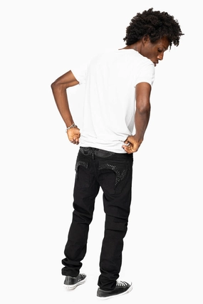 Family Style Gym Ready Daily Wear Essential Comfort KILLER FLAP MENS SKINNY JEANS IN BLACK ON BLACK WITH CRYSTALS