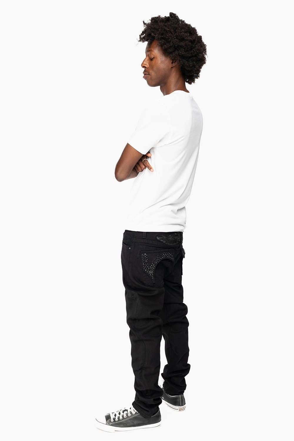 KILLER FLAP MENS SKINNY JEANS IN BLACK ON BLACK WITH CRYSTALS Perfect Length Winter Warmth Sustainable