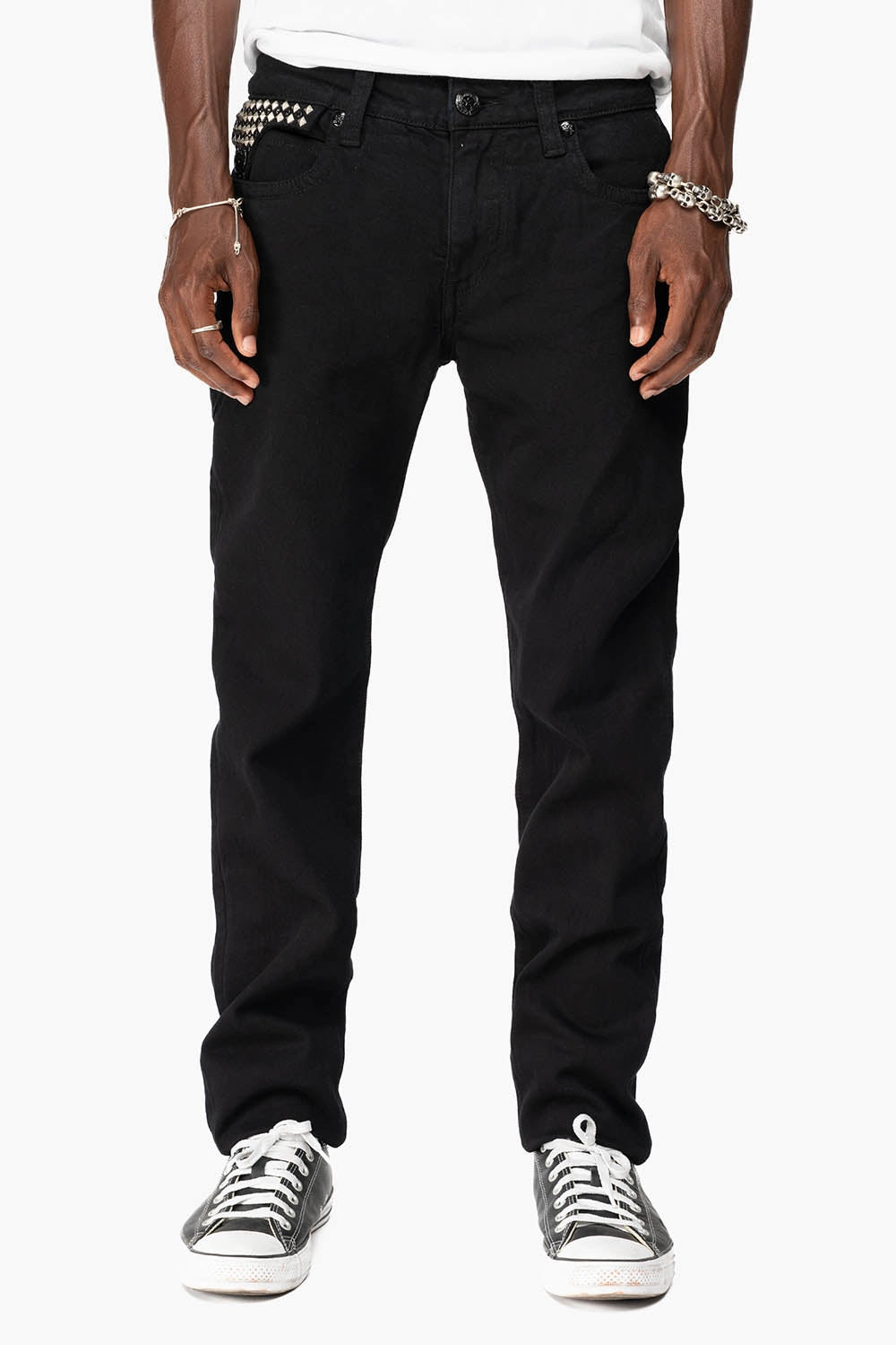 Modern Casual KILLER FLAP MENS SKINNY JEANS IN BLACK WITH EMBROIDERY,  STUDS AND CRYSTALS