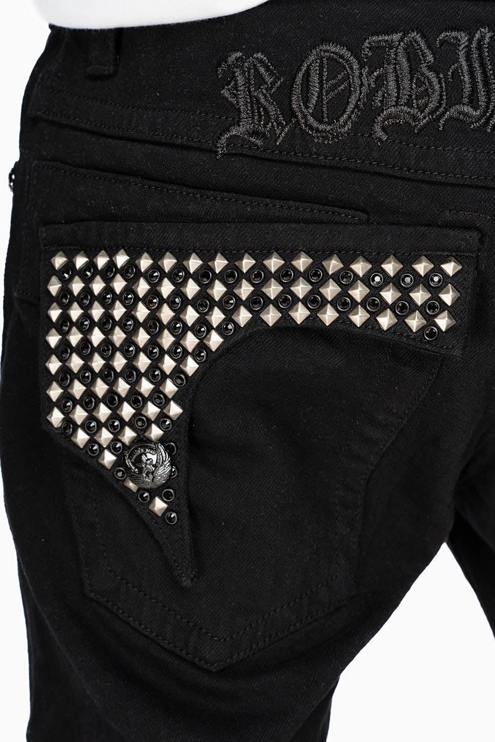 Perfect for All True Fit KILLER FLAP MENS SKINNY JEANS IN BLACK WITH EMBROIDERY,  STUDS AND CRYSTALS