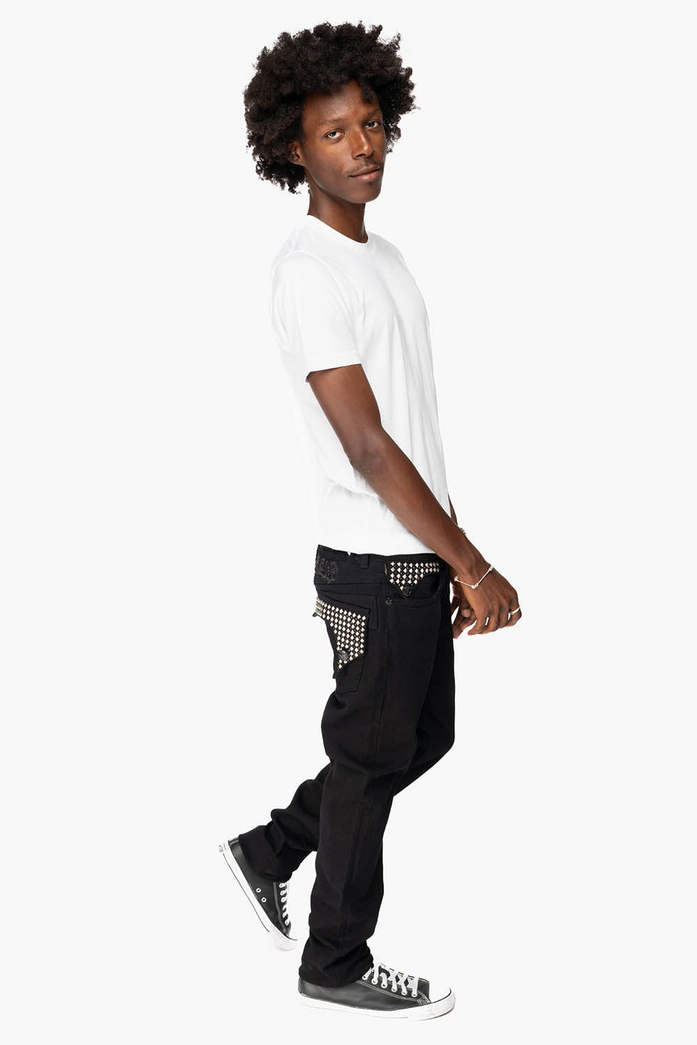 KILLER FLAP MENS SKINNY JEANS IN BLACK WITH EMBROIDERY,  STUDS AND CRYSTALS Fit Focus