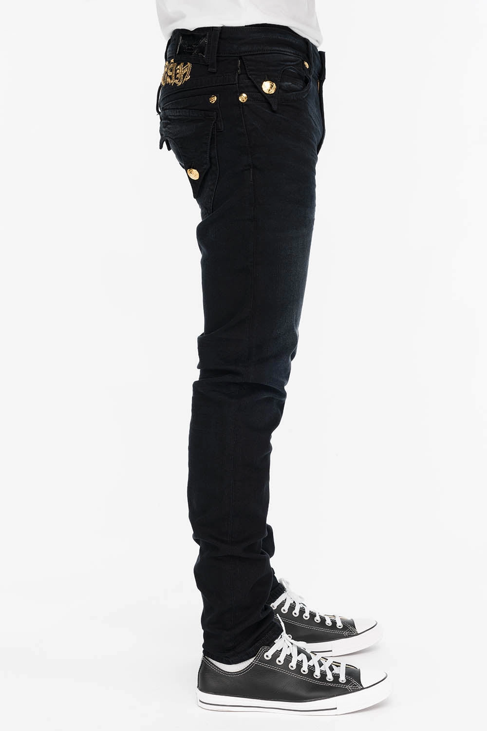 KILLER FLAP MENS SKINNY JEANS IN BLACK WITH GOLD O.E. LOGO Unisex Wear Artist Vibe Couple Look Lightweight