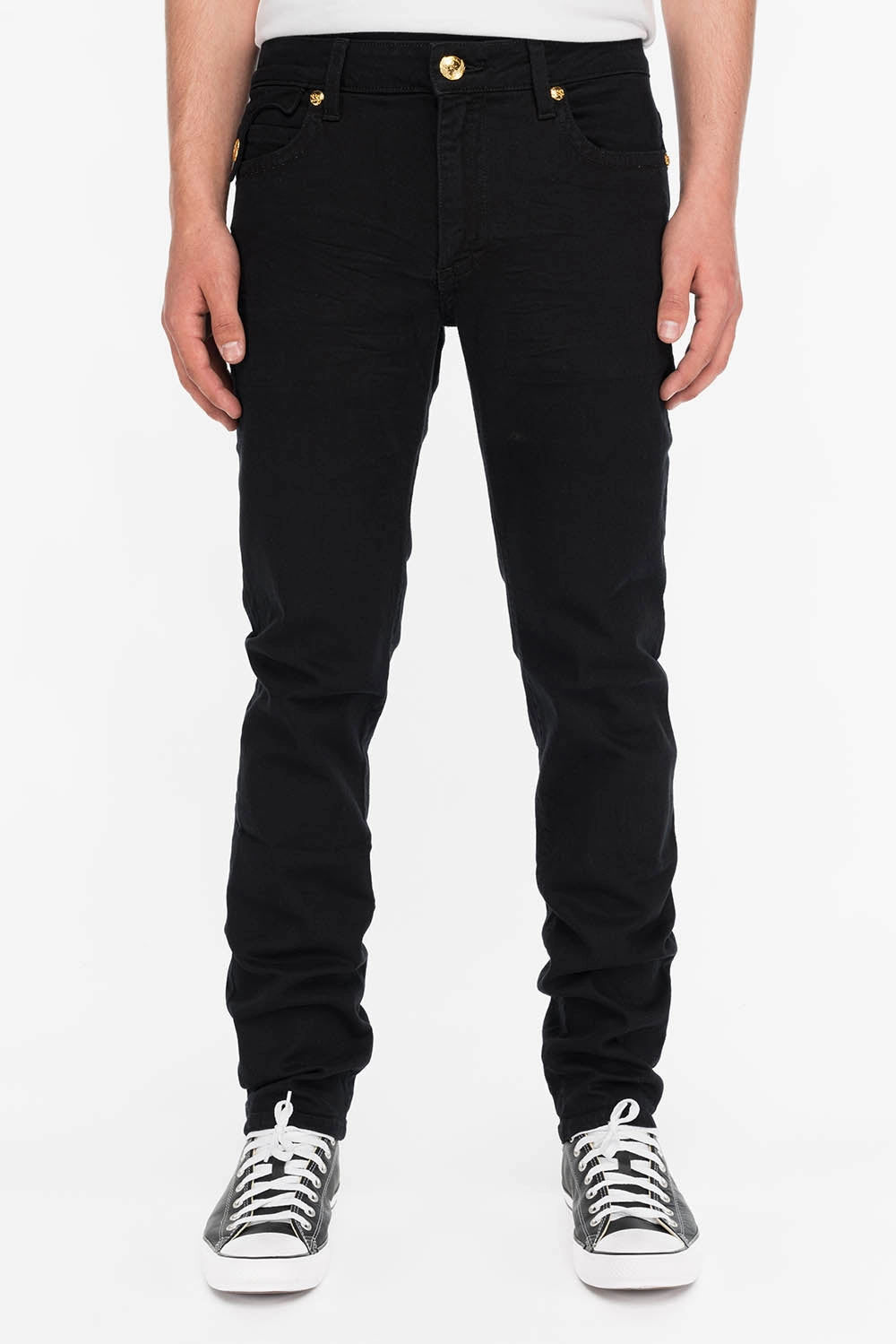 Weekend Getaway Minimalist Breathable Brunch Outfit Traveler Gear KILLER FLAP MENS SKINNY JEANS IN BLACK WITH GOLD WINGS