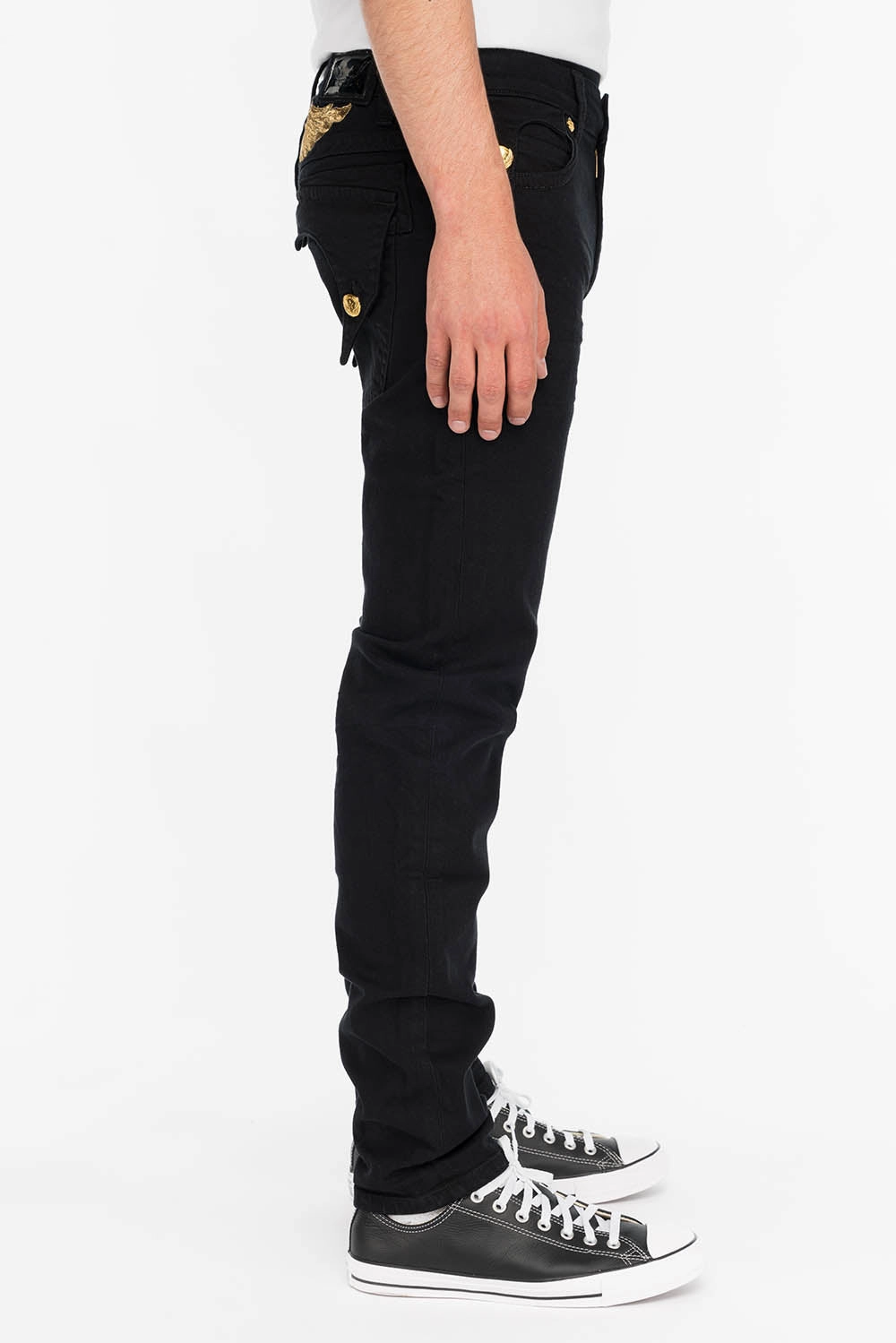 KILLER FLAP MENS SKINNY JEANS IN BLACK WITH GOLD WINGS Night Out Daily Wear Reliable Outfit