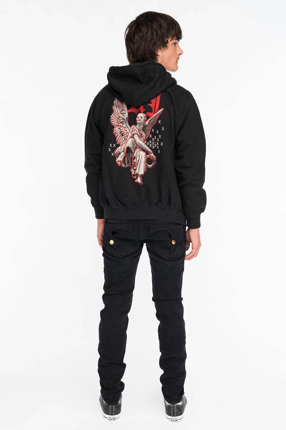 KILLER FLAP MENS SKINNY JEANS IN F_UP BLACK WITH GOLD O.E. LOGO Go To Outfit Party Look Modern Minimalist