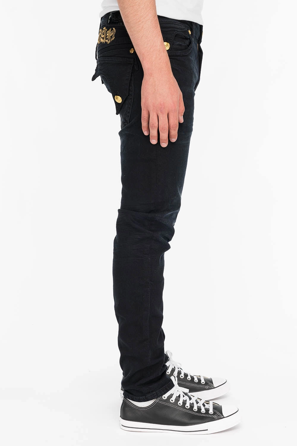 Autumn Days Family Style Eco Friendly KILLER FLAP MENS SKINNY JEANS IN F_UP BLACK WITH GOLD O.E. LOGO