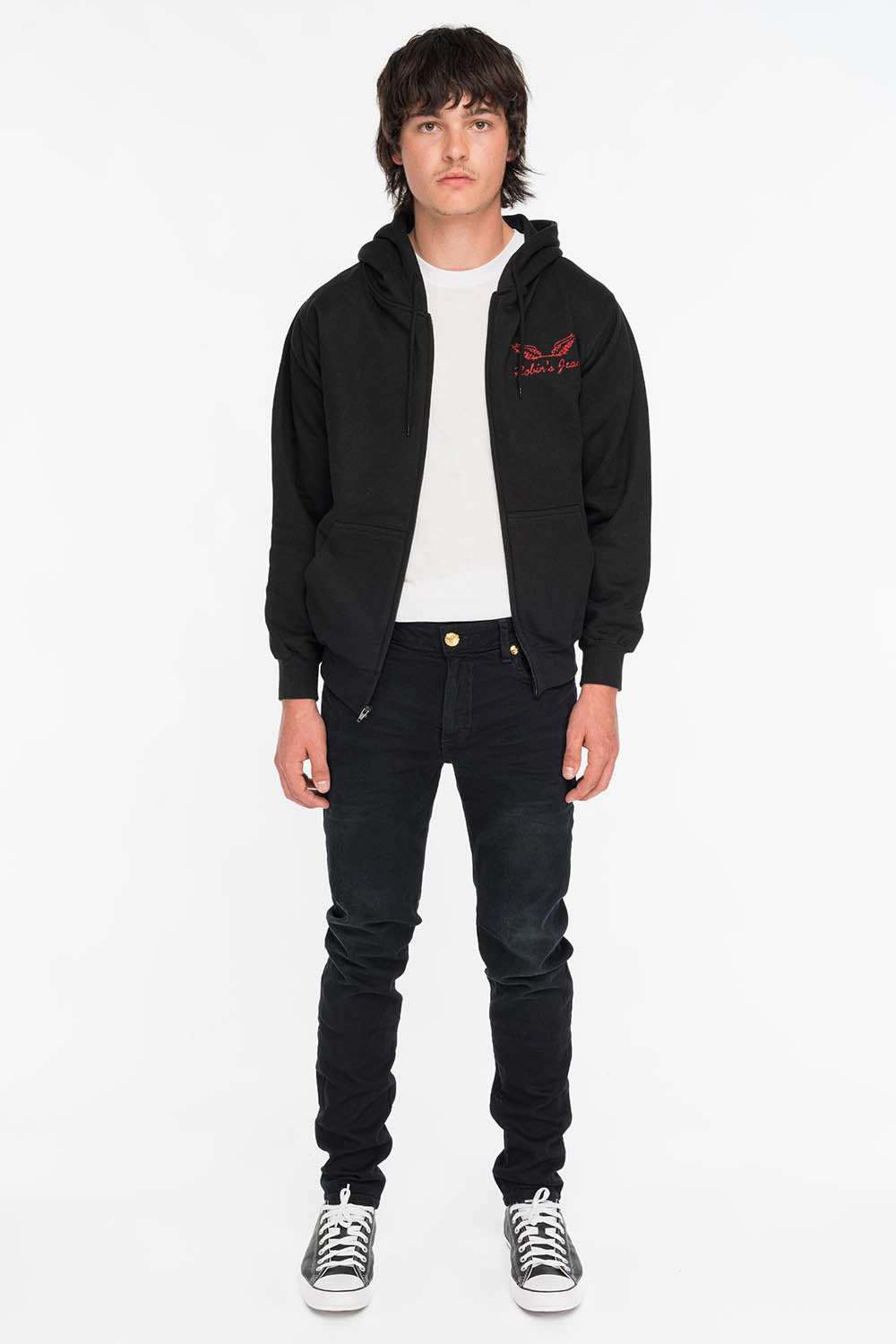 KILLER FLAP MENS SKINNY JEANS IN F_UP BLACK WITH GOLD O.E. LOGO Stylish Adult Fashion