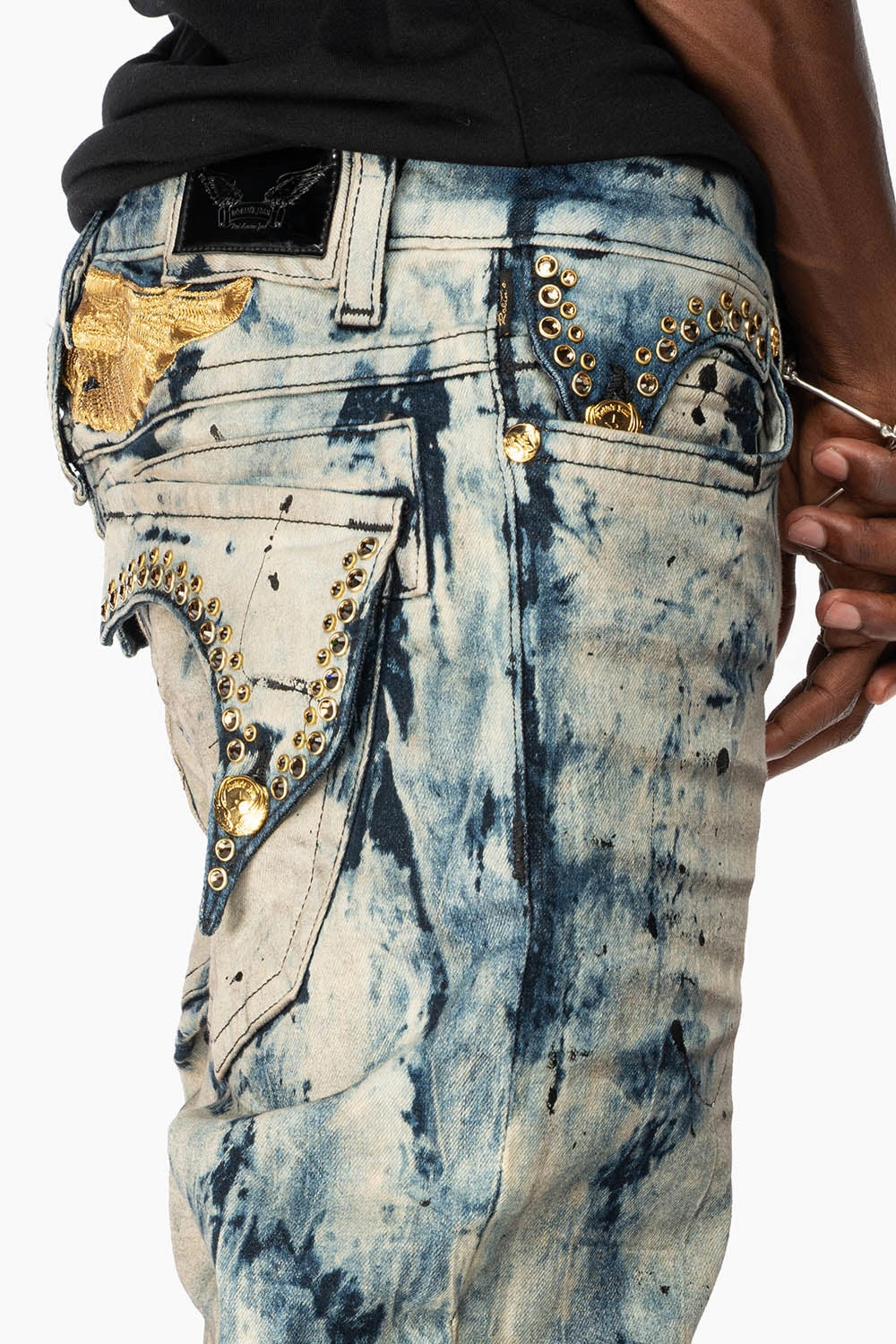 KILLER FLAP MENS SKINNY JEANS IN FROZEN WASH WITH EMBELLISHED  SMOKY TOPAZ CRYSTALS Party Look Luxury Durable Streetwear Fan Premium