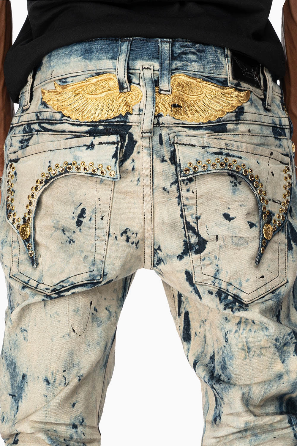 Quick Drying Fabric KILLER FLAP MENS SKINNY JEANS IN FROZEN WASH WITH EMBELLISHED  SMOKY TOPAZ CRYSTALS