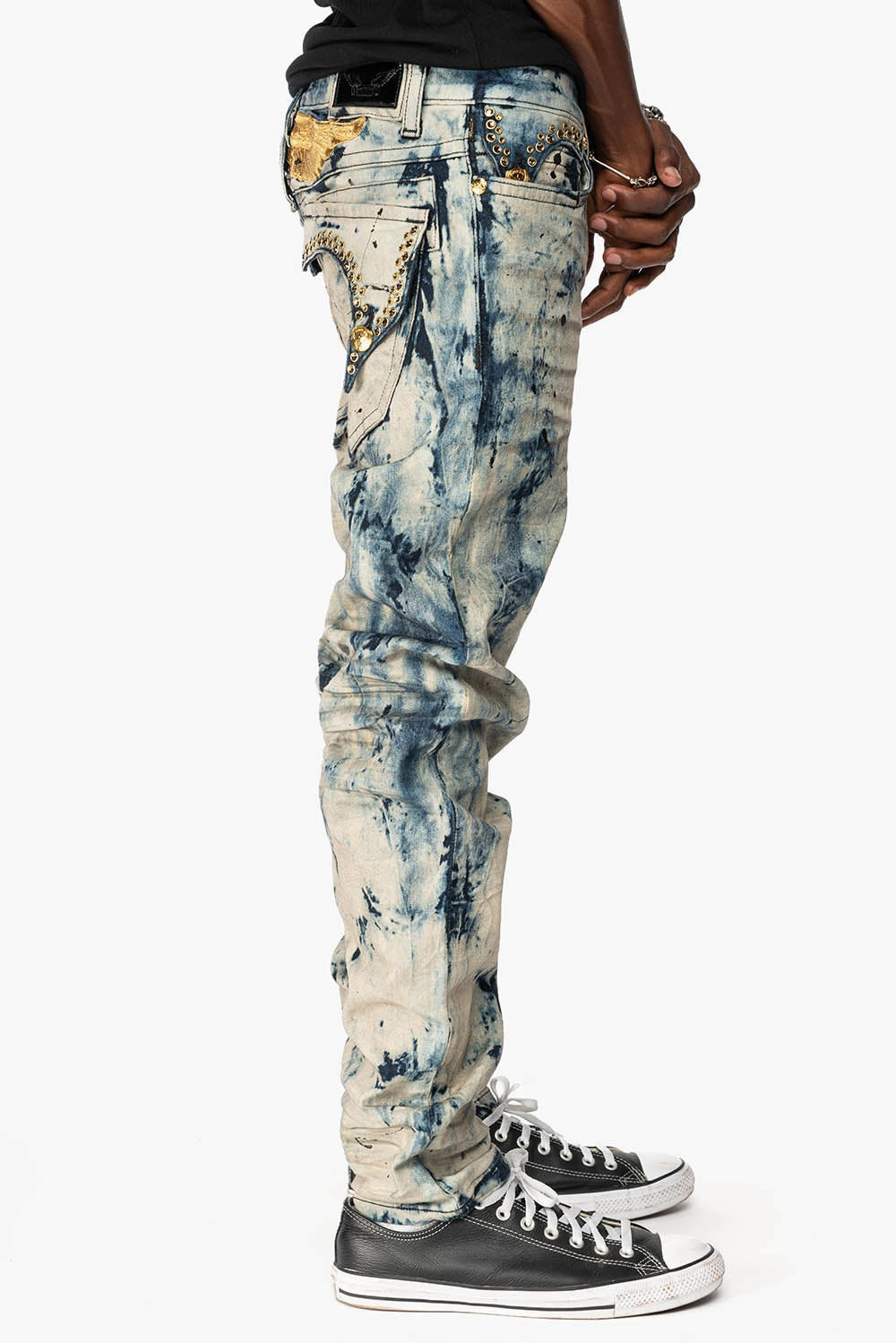 Versatile Relaxed Style KILLER FLAP MENS SKINNY JEANS IN FROZEN WASH WITH EMBELLISHED  SMOKY TOPAZ CRYSTALS