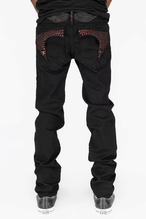KILLER FLAP MENS SKINNY JEANS IN PURE BLACK WITH BLK TONAL WINGS AND FULL RED CRYSTALS Subtle Detail Smooth Loose Versatile