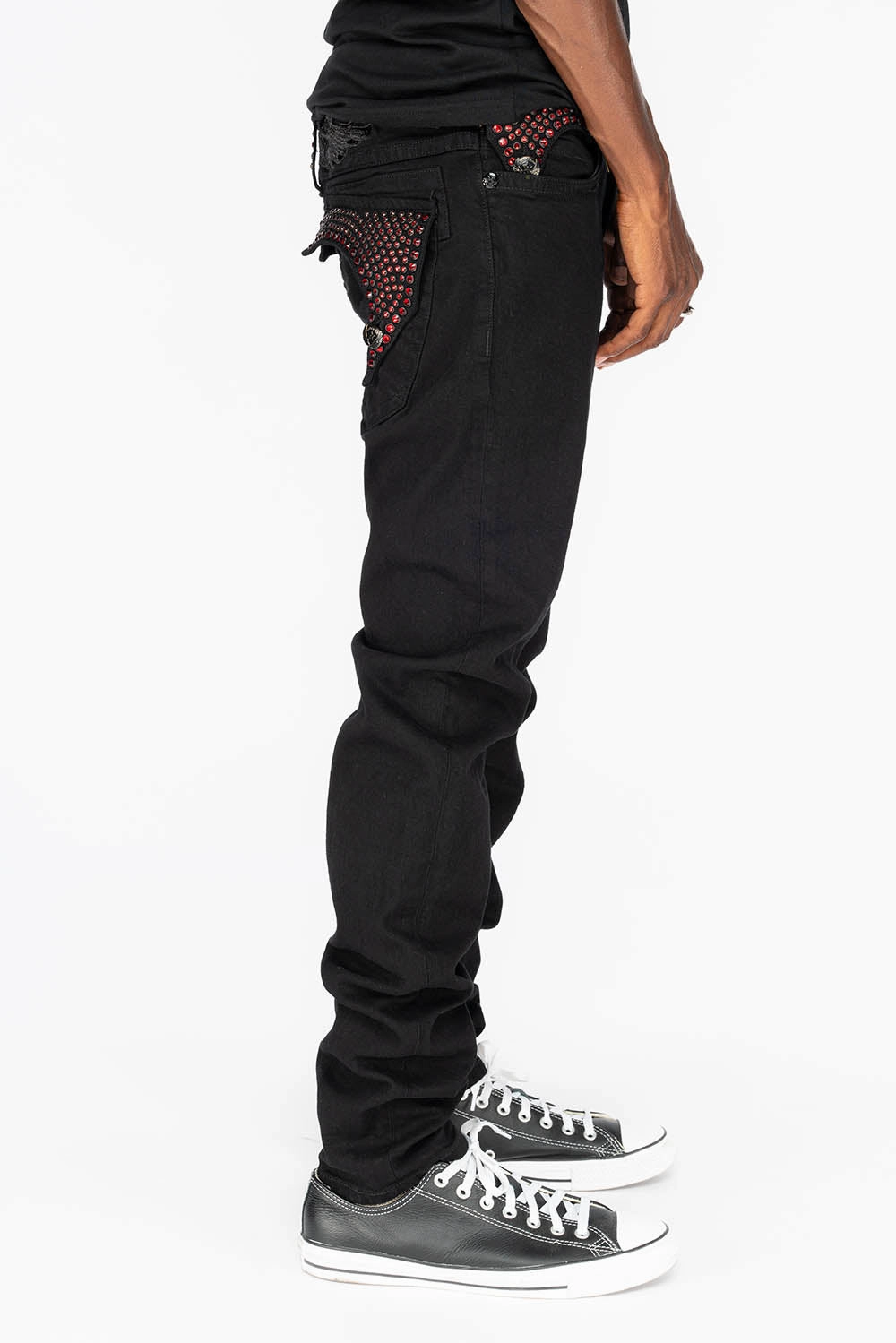 KILLER FLAP MENS SKINNY JEANS IN PURE BLACK WITH BLK TONAL WINGS AND FULL RED CRYSTALS Base Outfit
