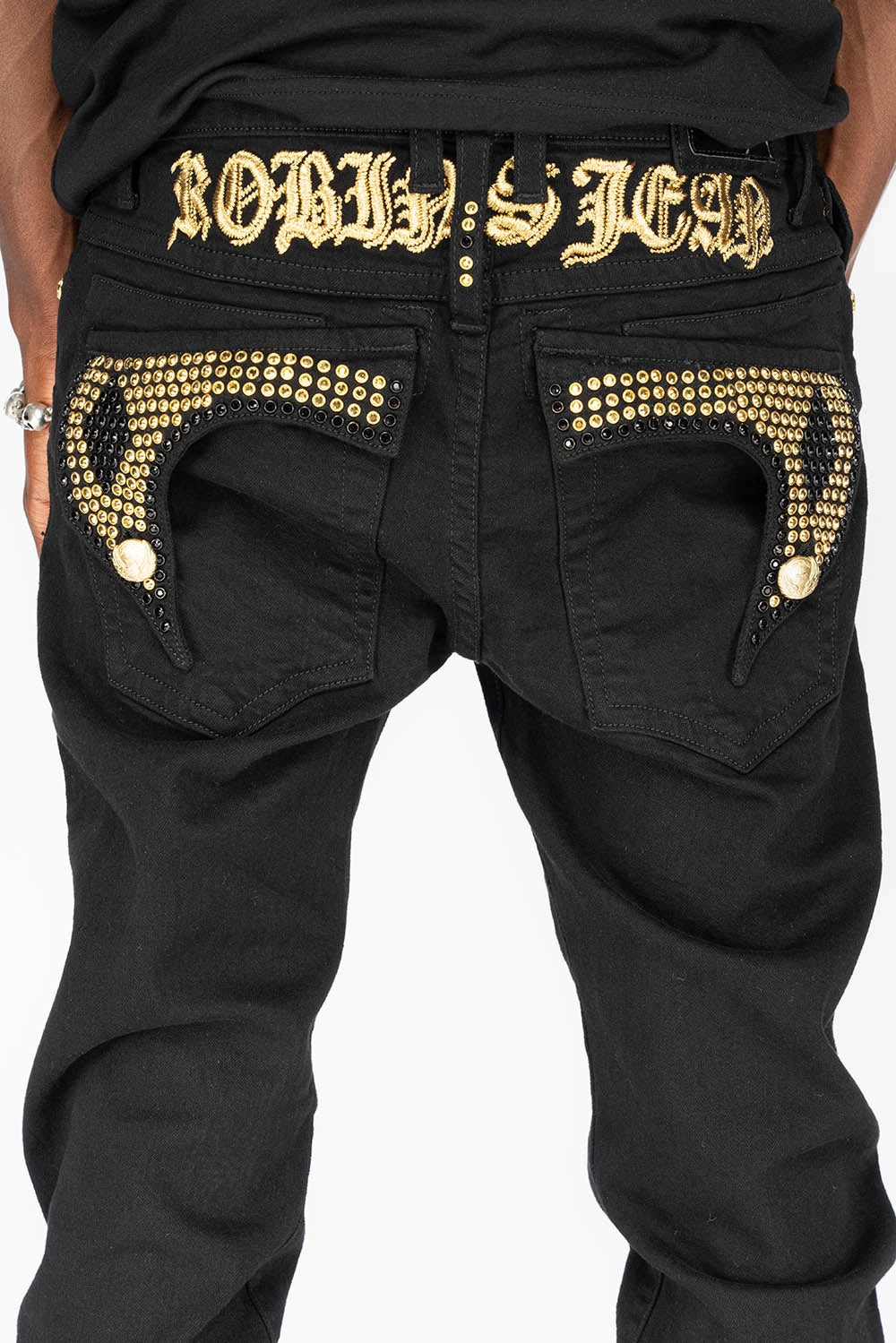 KILLER FLAP MENS SKINNY JEANS IN PURE BLACK WITH GOLD GOTHIC EMBROIDERY FULLY EMBELLISHED  CRYSTALS Leisure Ready Night Out Bold Look