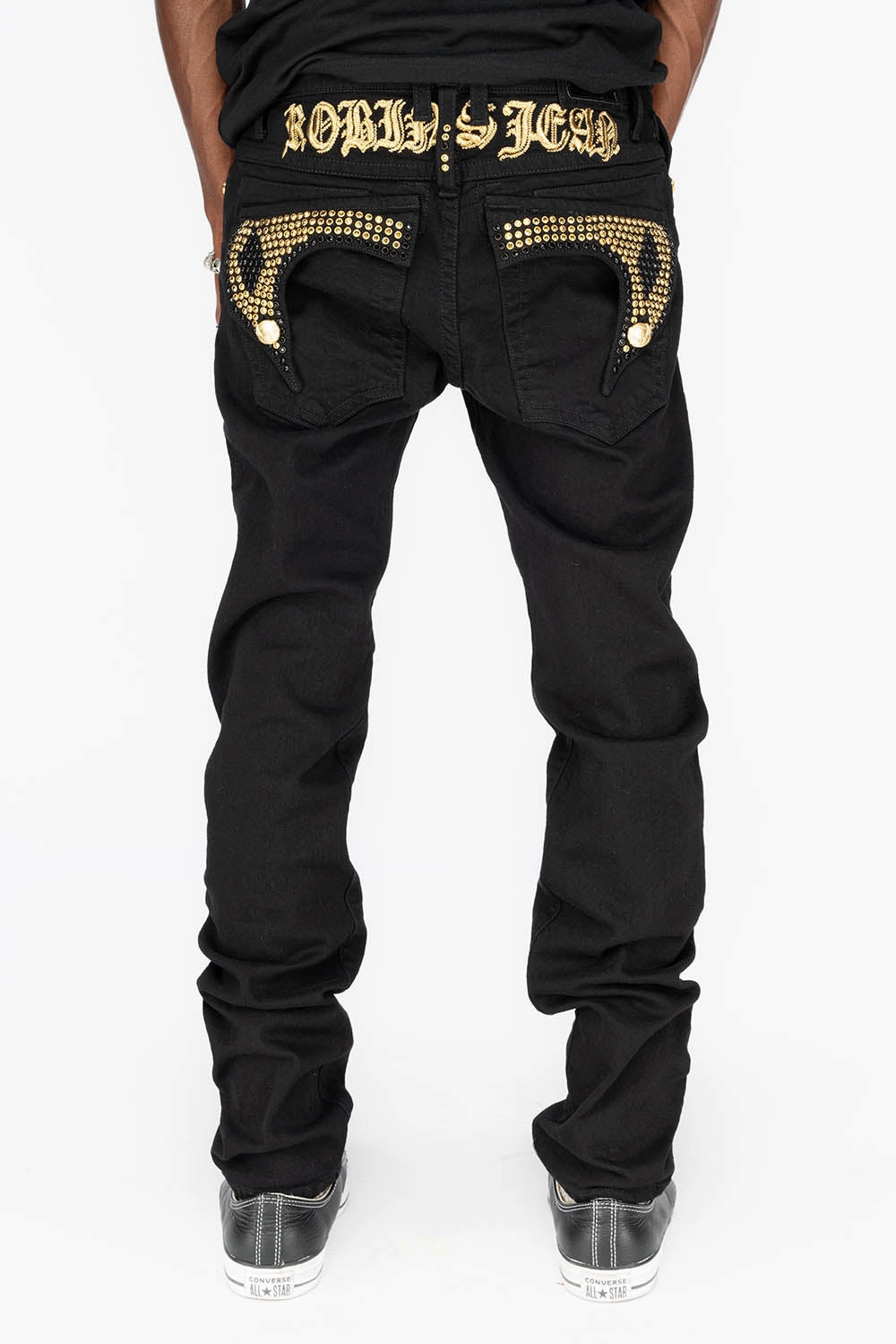 KILLER FLAP MENS SKINNY JEANS IN PURE BLACK WITH GOLD GOTHIC EMBROIDERY FULLY EMBELLISHED  CRYSTALS Lockstitch Construction Traveler Gear Luxury