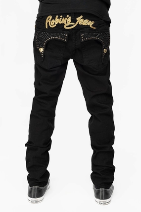 KILLER FLAP MENS SKINNY JEANS IN PURE BLACK WITH GOLD ROBIN??S LOGO AND FULL CRYSTALS Family Style Slim Winter Warmth Professional Wear
