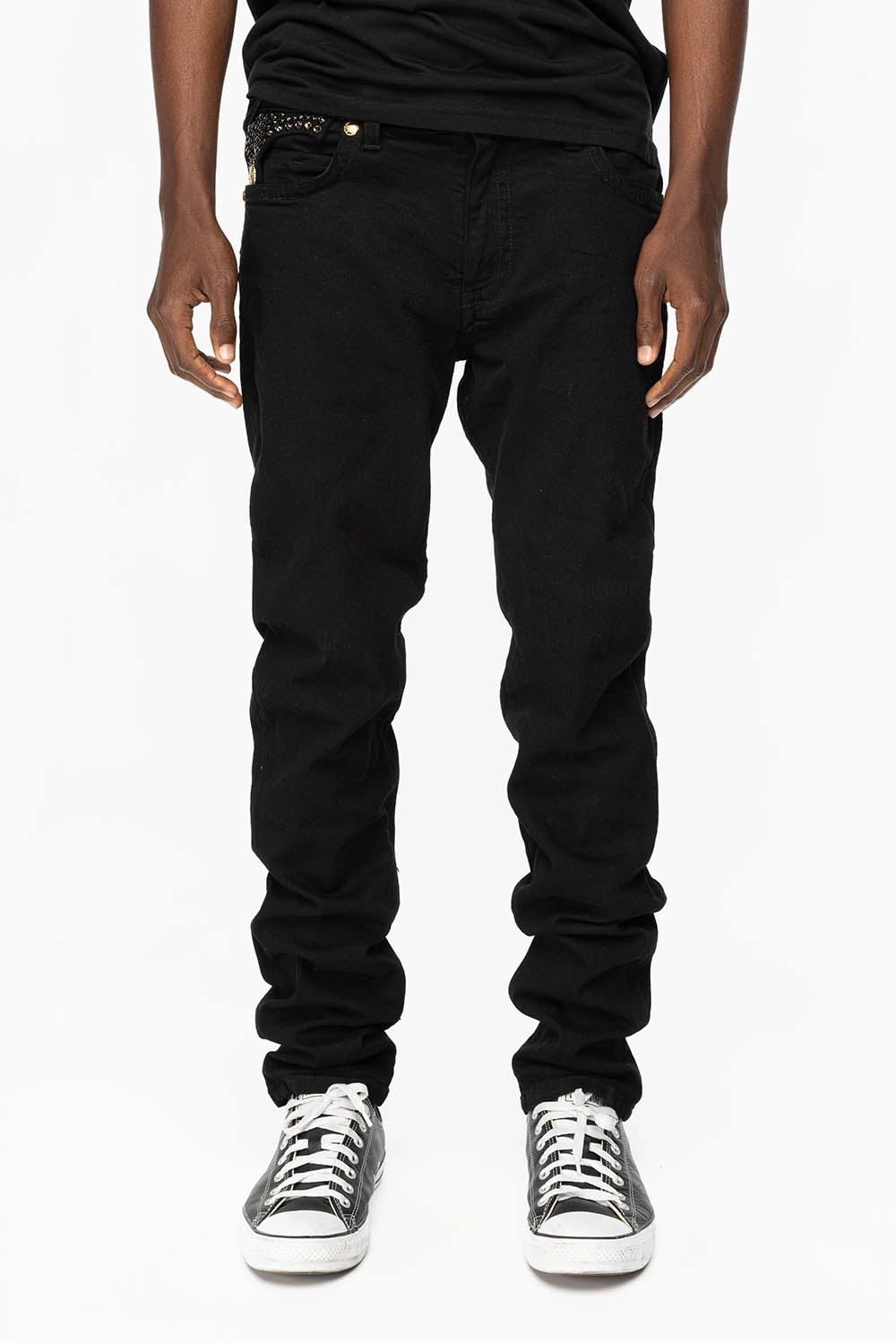 Waterless Wash Technology KILLER FLAP MENS SKINNY JEANS IN PURE BLACK WITH GOLD ROBIN??S LOGO AND FULL CRYSTALS