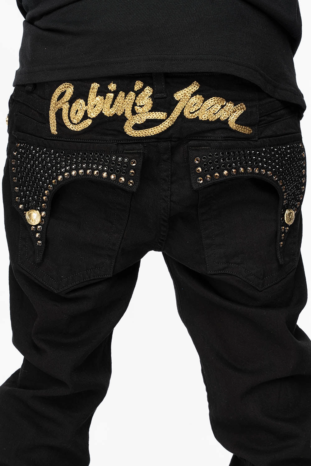 Wear Anytime KILLER FLAP MENS SKINNY JEANS IN PURE BLACK WITH GOLD ROBIN??S LOGO AND FULL CRYSTALS