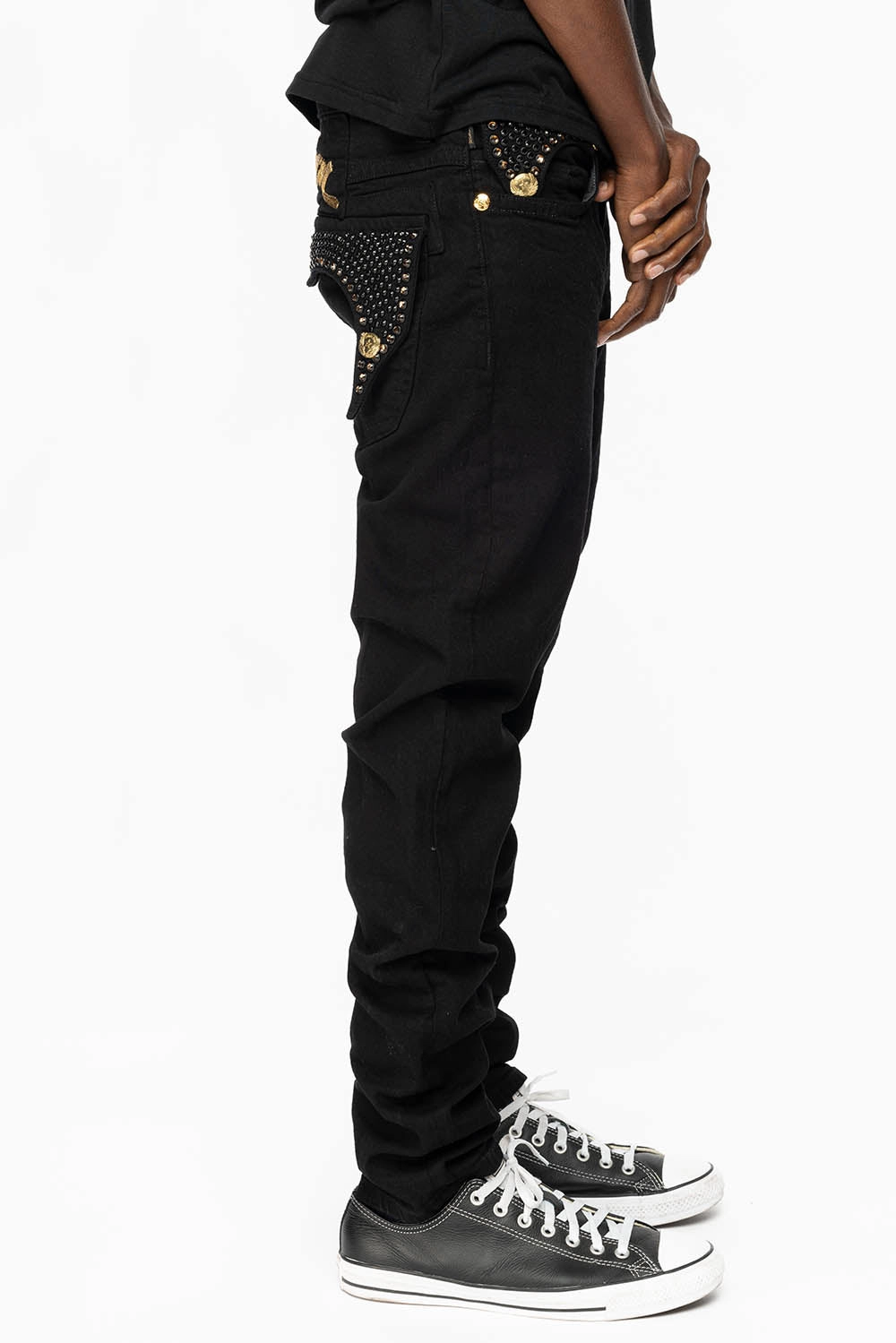 KILLER FLAP MENS SKINNY JEANS IN PURE BLACK WITH GOLD ROBIN??S LOGO AND FULL CRYSTALS Outdoor Enthusiast Premium Home Comfort