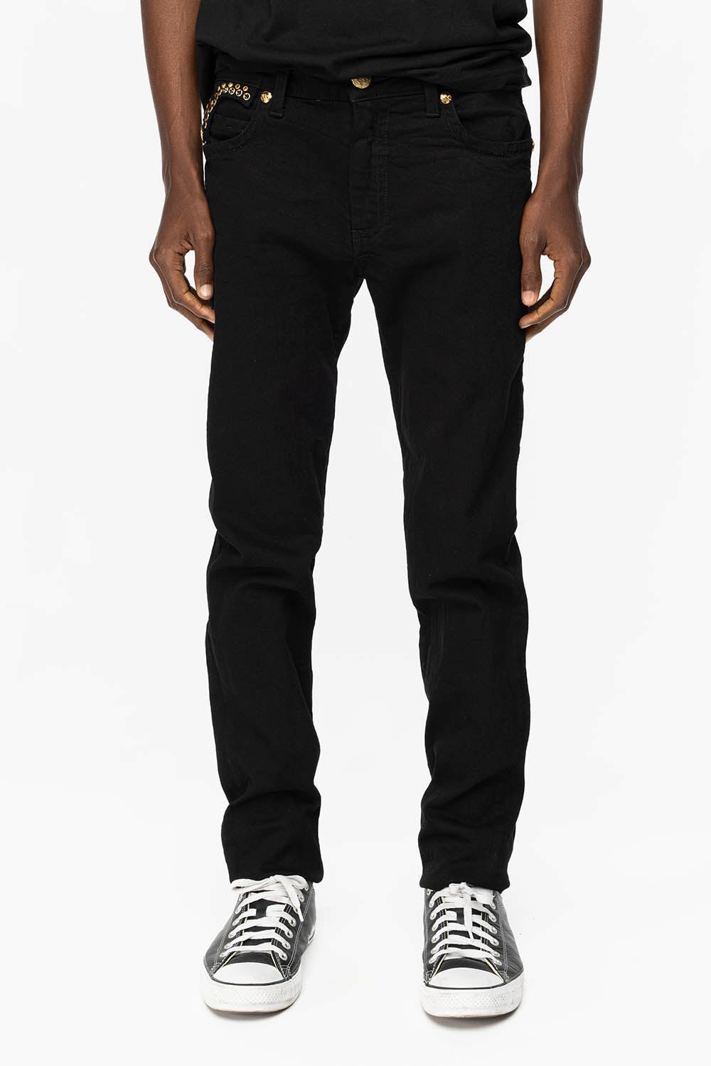 KILLER FLAP MENS SKINNY JEANS IN PURE BLACK WITH GOLD ROBIN??S LOGO AND GOLD AURUM CRYSTALS Smooth Minimalist