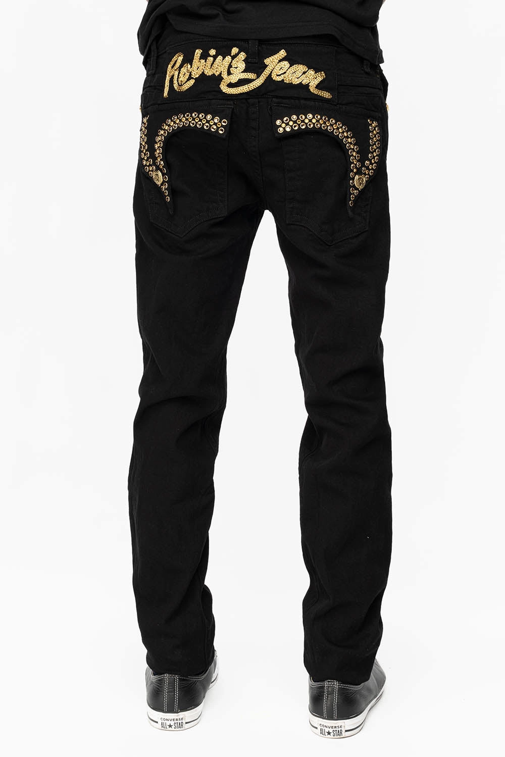 Chill Comfort KILLER FLAP MENS SKINNY JEANS IN PURE BLACK WITH GOLD ROBIN??S LOGO AND GOLD AURUM CRYSTALS