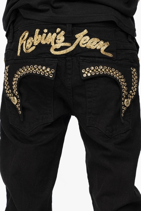 KILLER FLAP MENS SKINNY JEANS IN PURE BLACK WITH GOLD ROBIN??S LOGO AND GOLD AURUM CRYSTALS Relaxed Fit